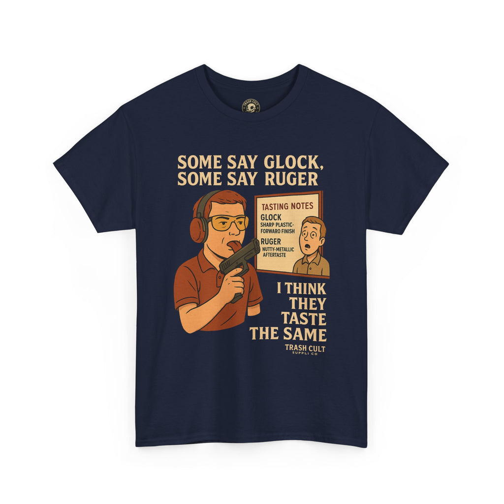 Glock vs Ruger Mouthfeel Shirt – Funny Gun Show Parody Tee | Dark Humor Firearm Tasting Notes Shirt