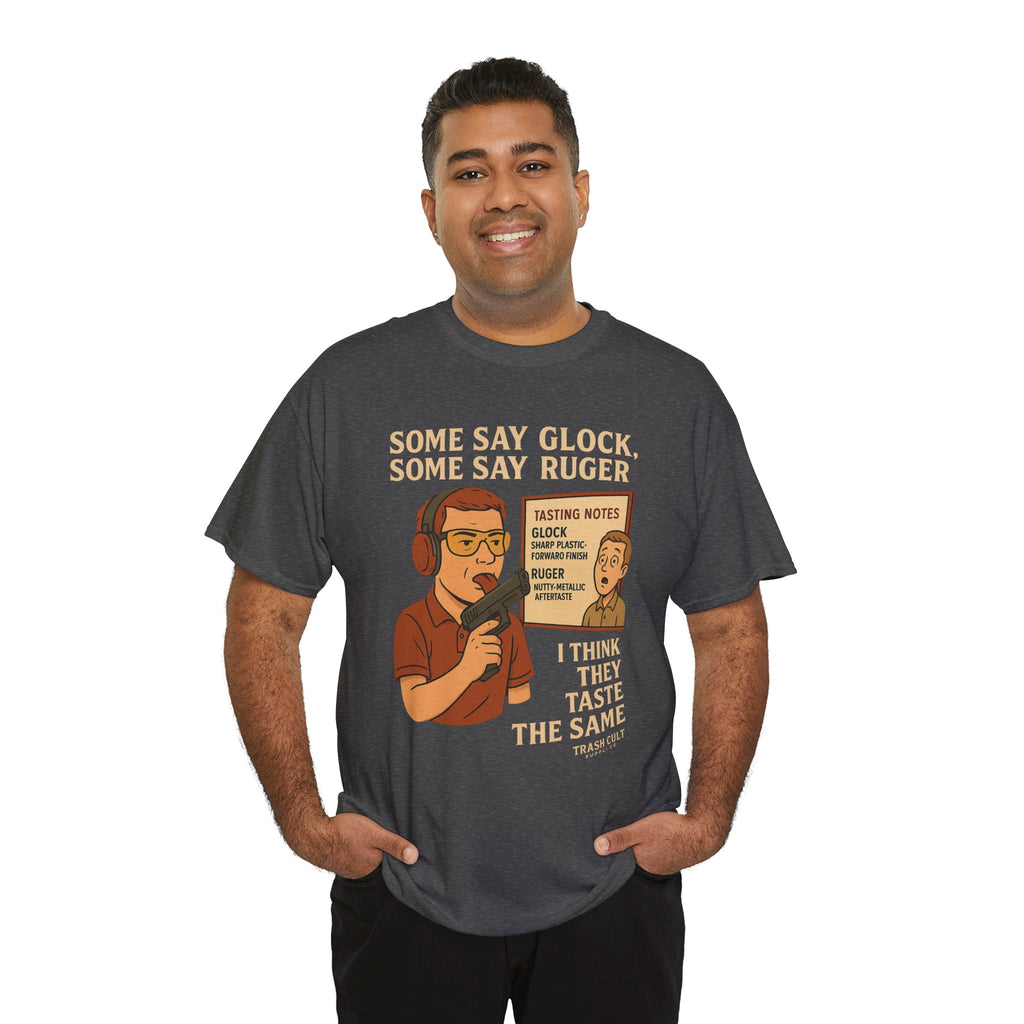 Glock vs Ruger Mouthfeel Shirt – Funny Gun Show Parody Tee | Dark Humor Firearm Tasting Notes Shirt