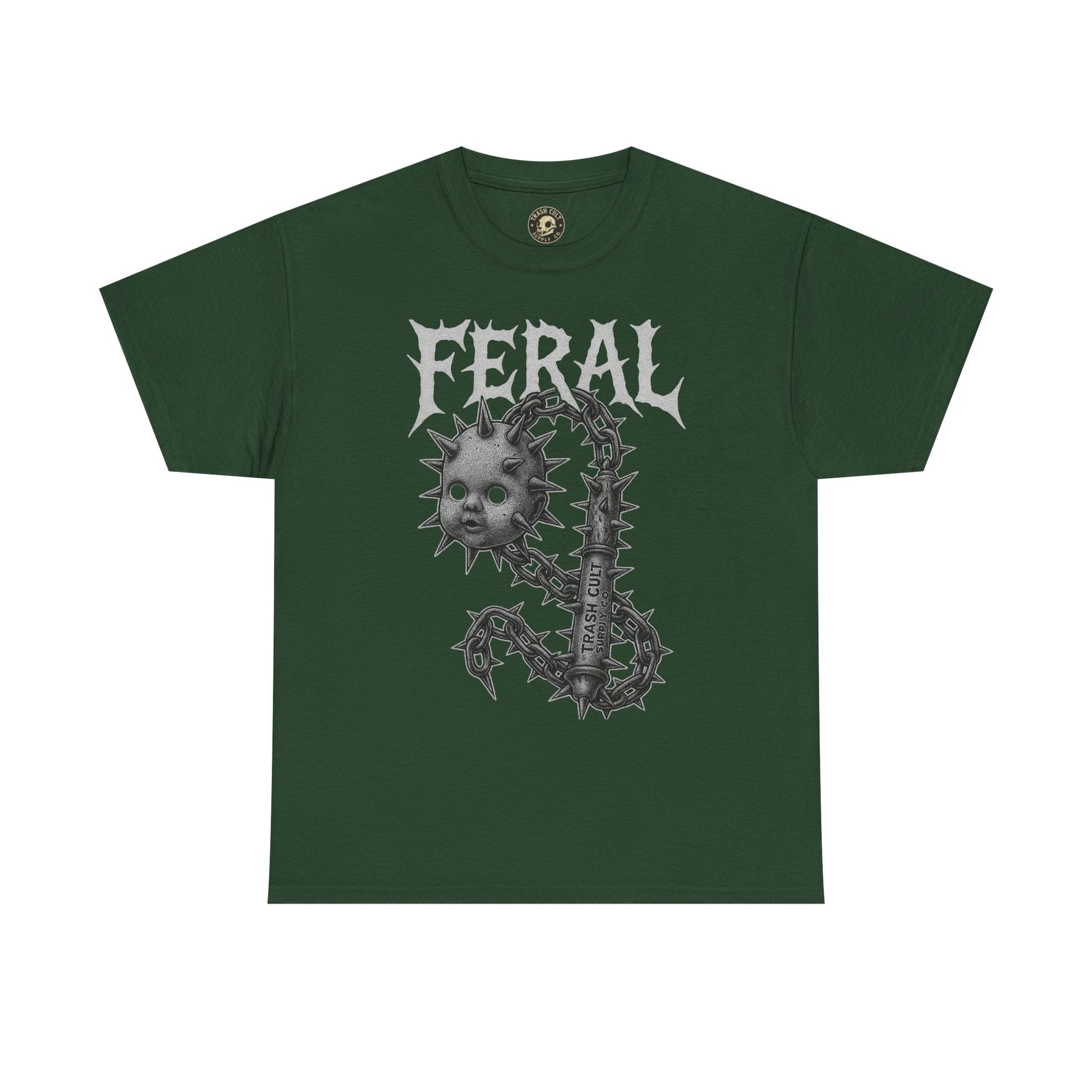 FERAL Spiked Doll Flail Tee – Halftone Gothic Weapon Shirt | Trash Cult Supply Co. | Gildan 5000