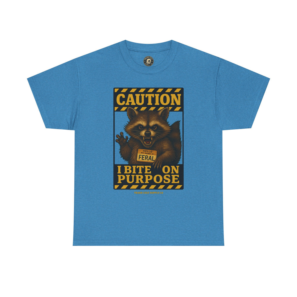 I Bite On Purpose Raccoon Warning T-Shirt – Caution Sign Style | Trash Cult Supply Co | Gildan 5000