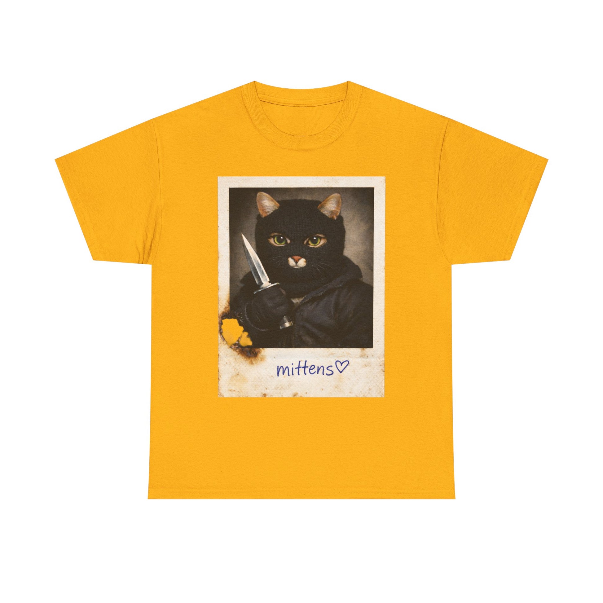 Cat With Knife Tee — "Mittens" Dark Humor Vintage Polaroid Graphic T-Shirt