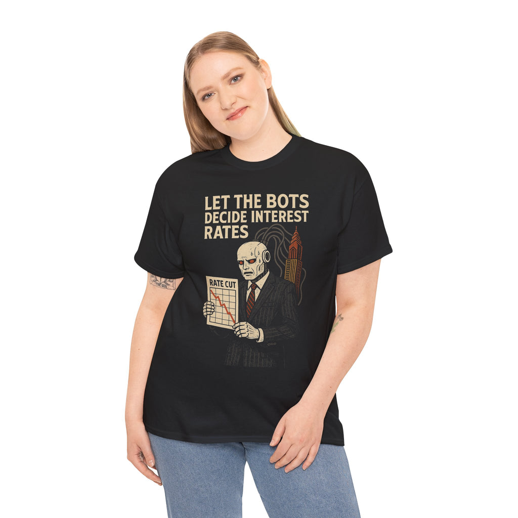 AI Bot Interest Rate Cut Shirt – Satirical Cyberpunk Finance Graphic Tee
