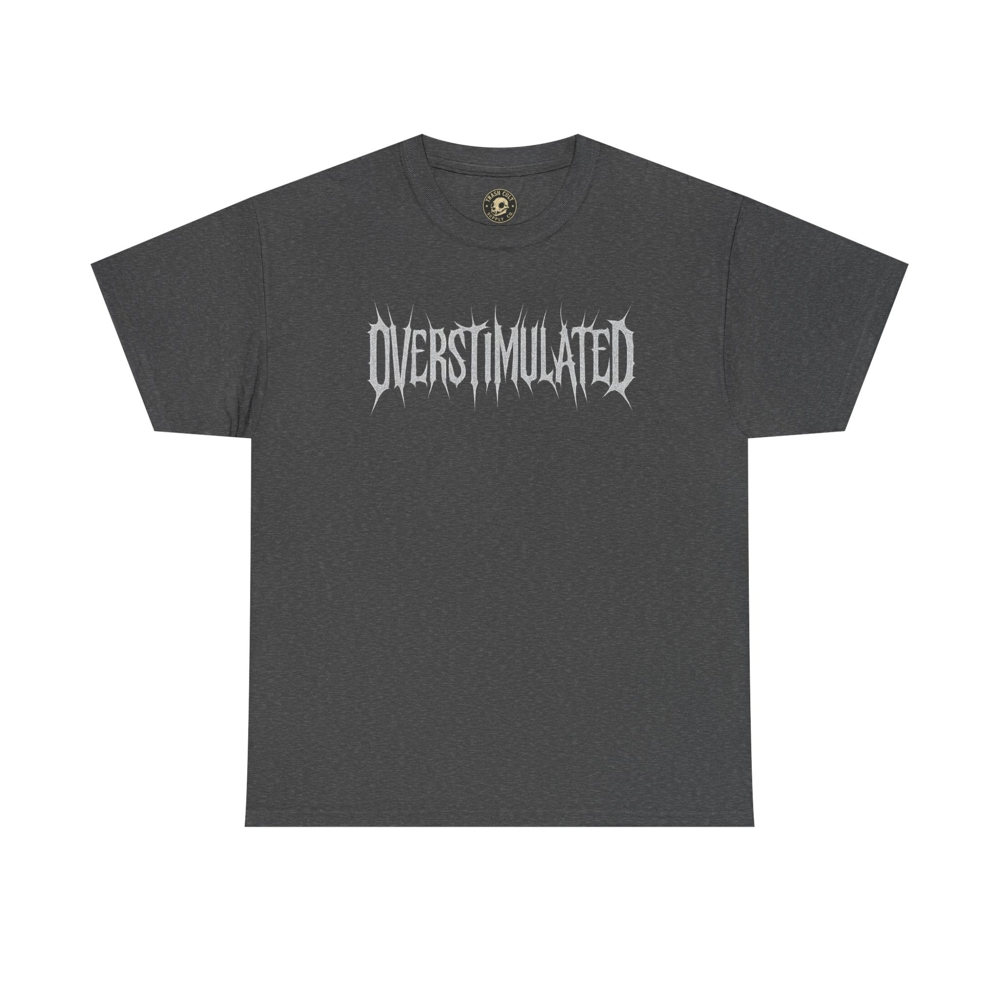 OVERSTIMULATED Metalcore Grunge Shirt – White on Black Distressed Font Tee