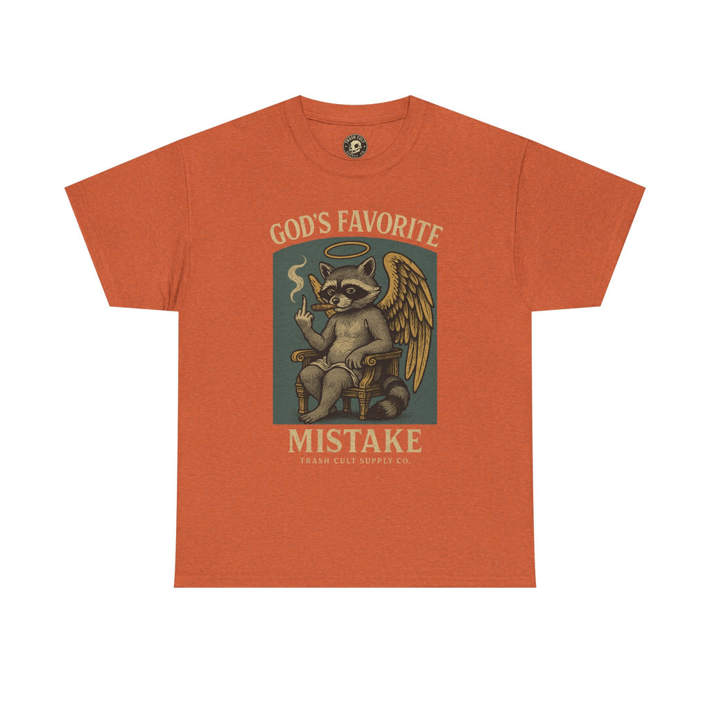 God’s Favorite Mistake Shirt – Raccoon Angel Flipping the Bird by Trash Cult Supply Co.