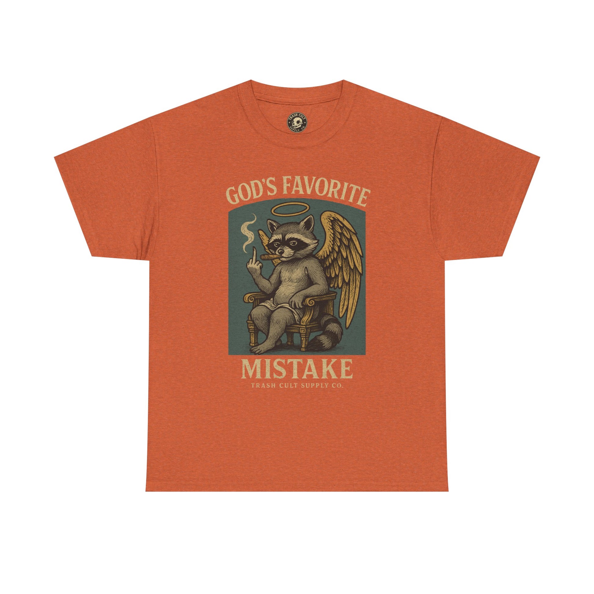 God’s Favorite Mistake Shirt – Raccoon Angel Flipping the Bird by Trash Cult Supply Co.