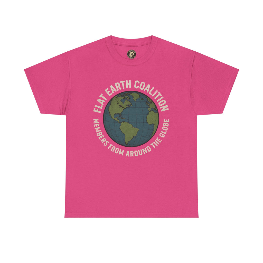 Flat Earth Coalition Funny Globe Parody Shirt – “Members From Around the Globe” Tee – Satirical Conspiracy Theory Humor Tee