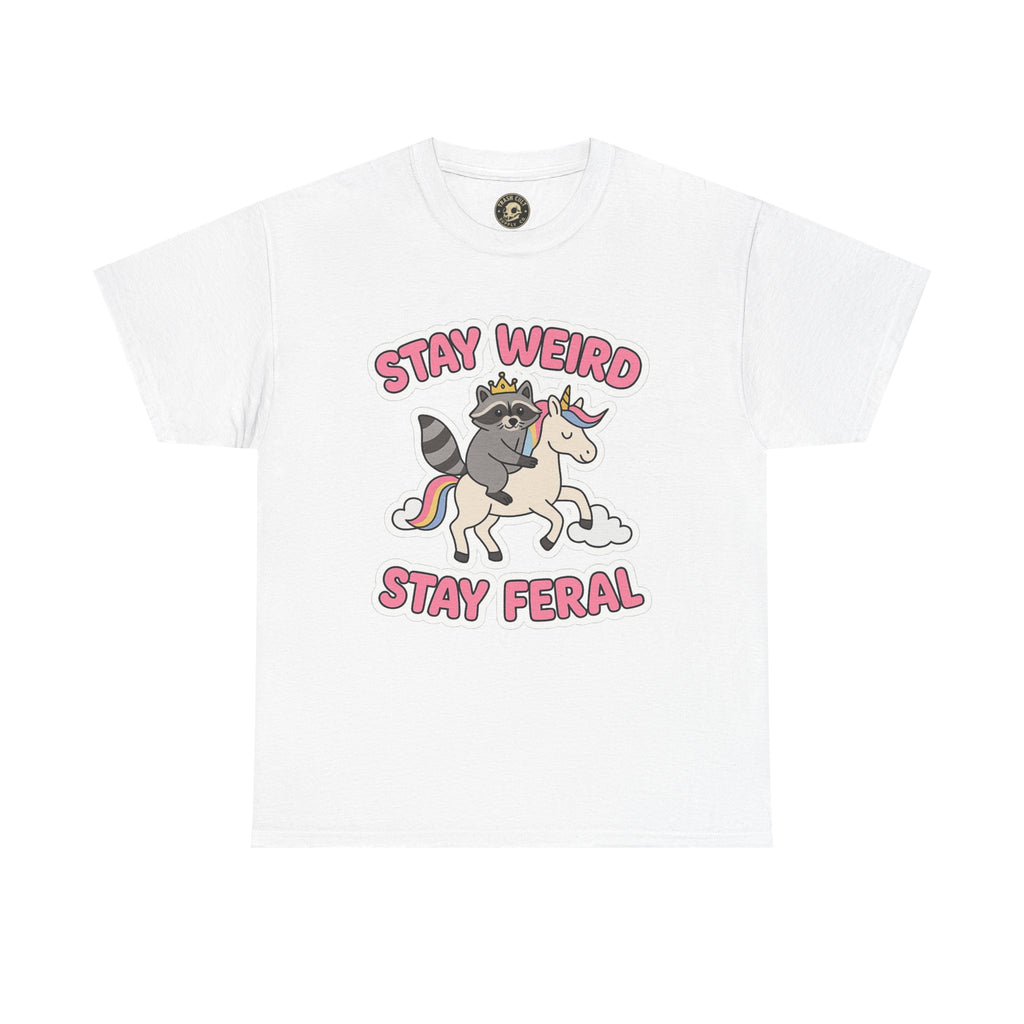 Stay Weird Stay Feral Shirt – Raccoon & Unicorn – High Visibility Gildan 5000 Tee