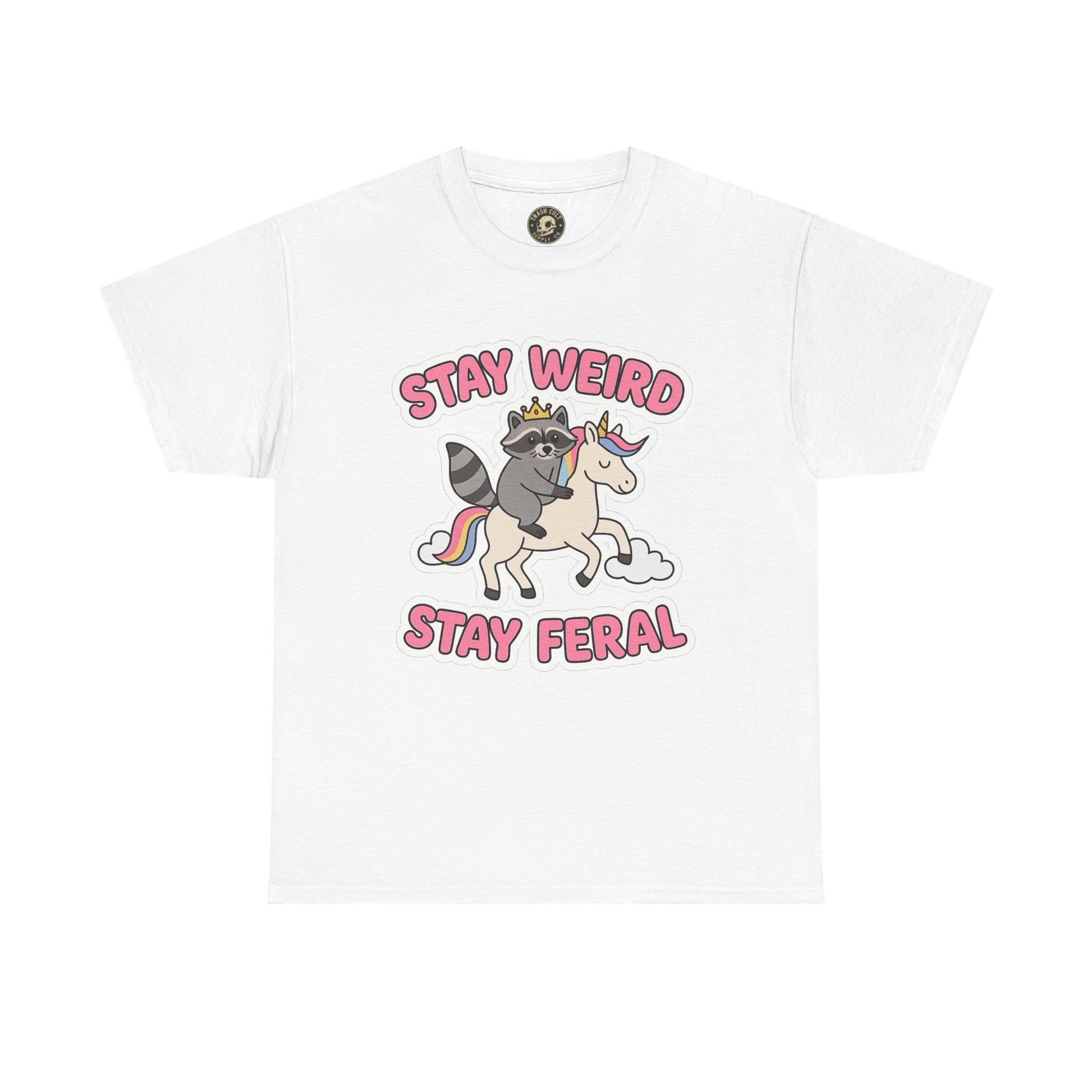 Stay Weird Stay Feral Shirt – Raccoon & Unicorn – High Visibility Gildan 5000 Tee