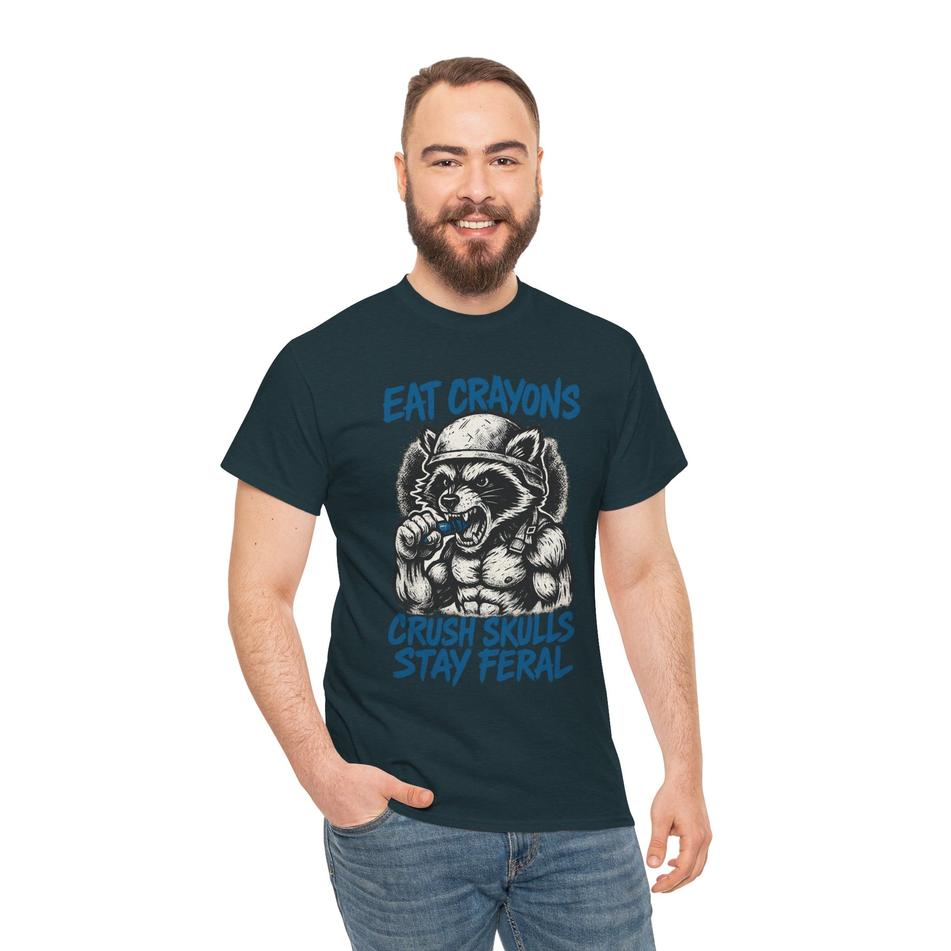 Eat Crayons Crush Skulls Stay Feral Military Raccoon Shirt – Gildan 5000