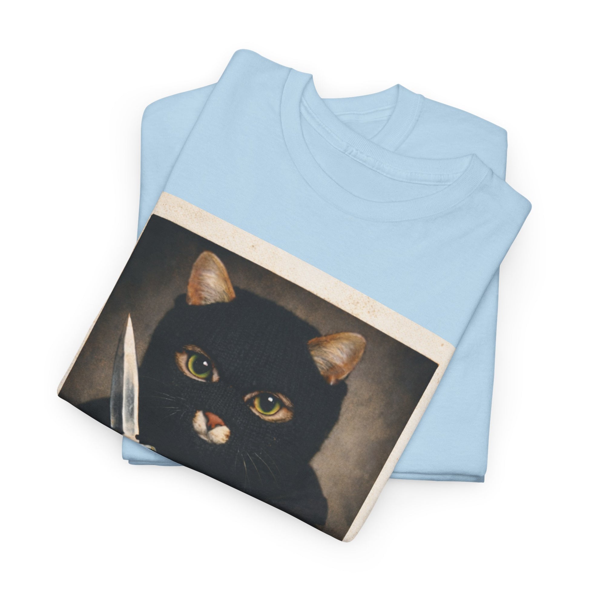 Cat With Knife Tee — "Mittens" Dark Humor Vintage Polaroid Graphic T-Shirt