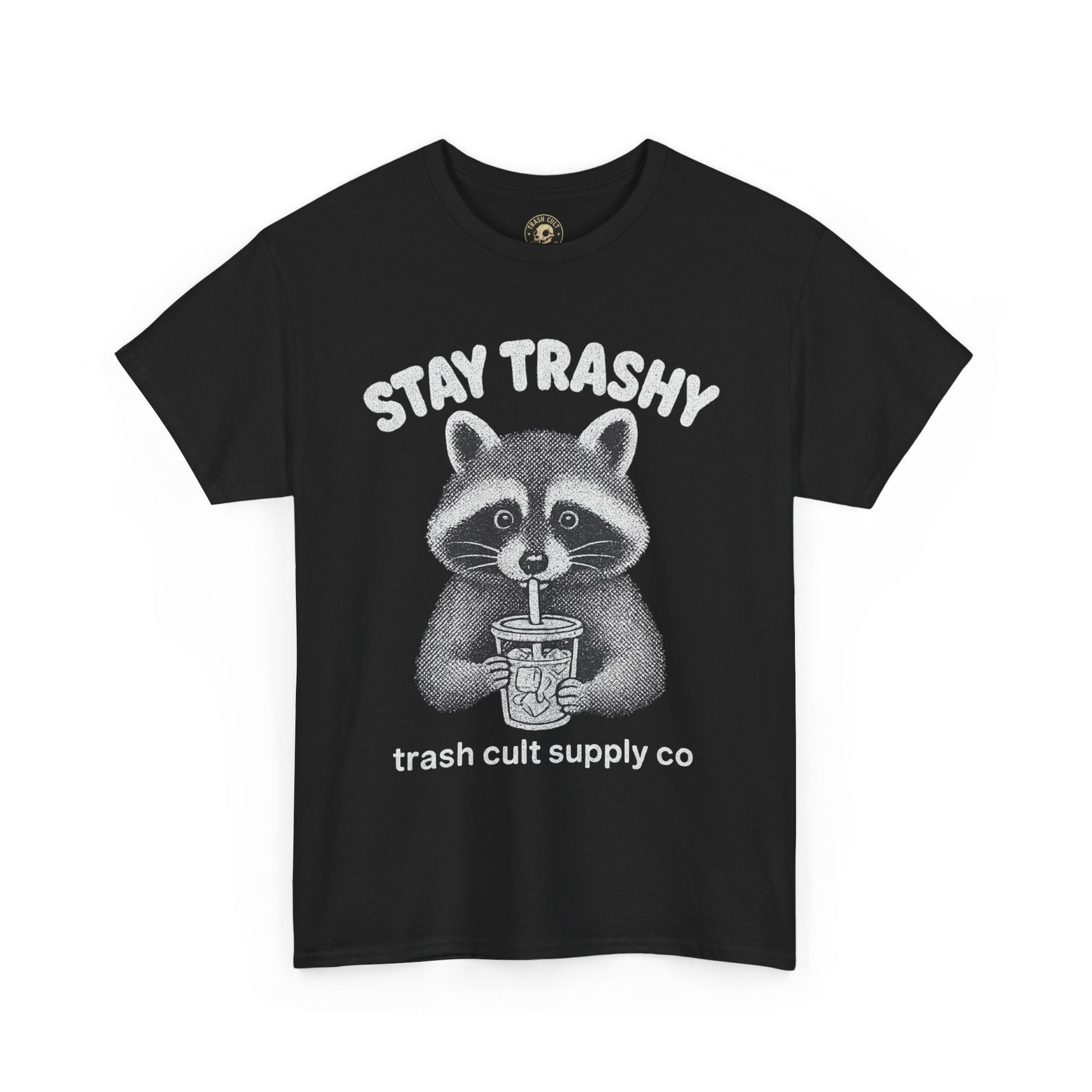 Stay Trashy Raccoon Iced Coffee Shirt – Halftone All White Design | Trash Cult Supply Co.