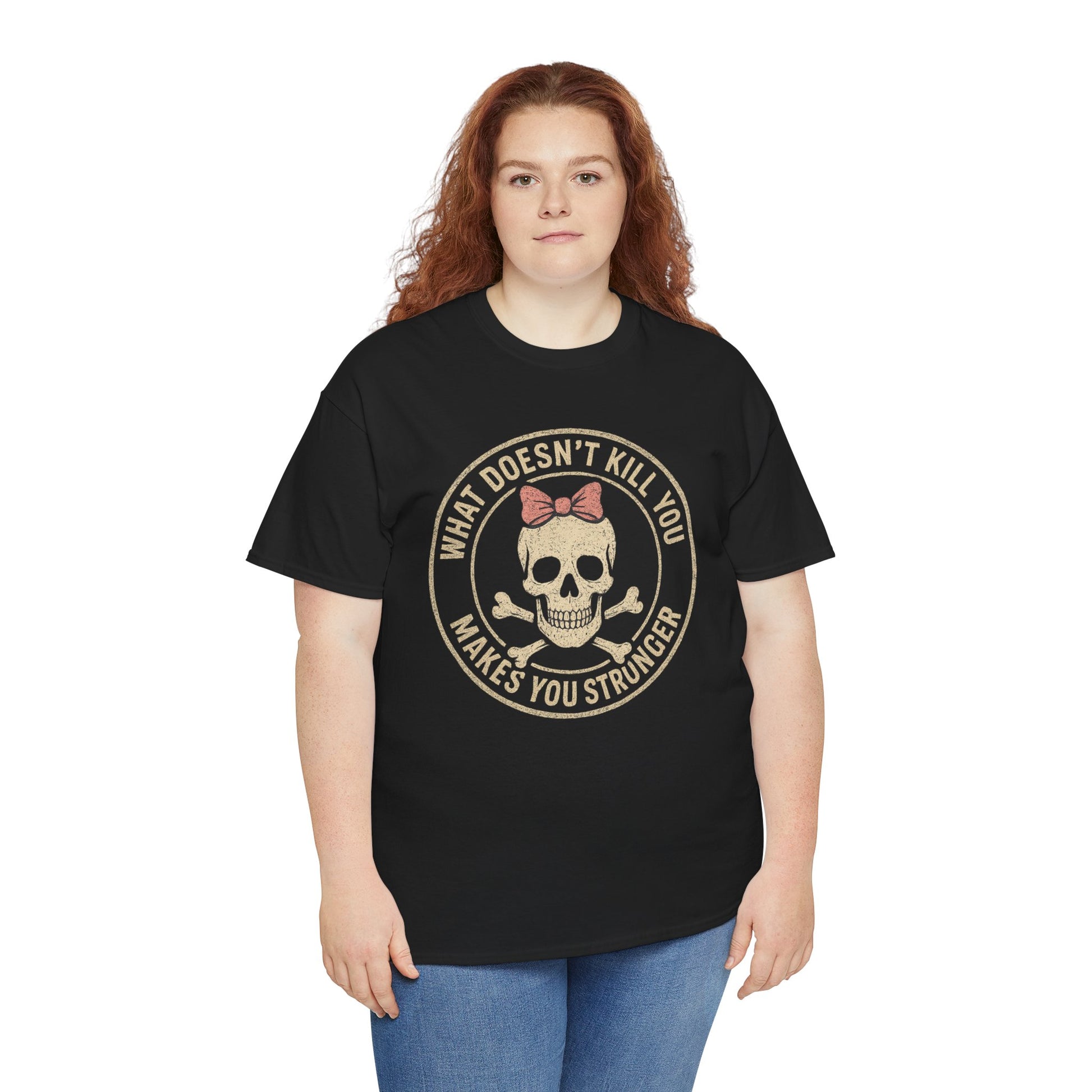 “What Doesn’t Kill You Makes You Stronger” Skull & Bow T-Shirt – Vintage Grunge Graphic | Gildan 5000