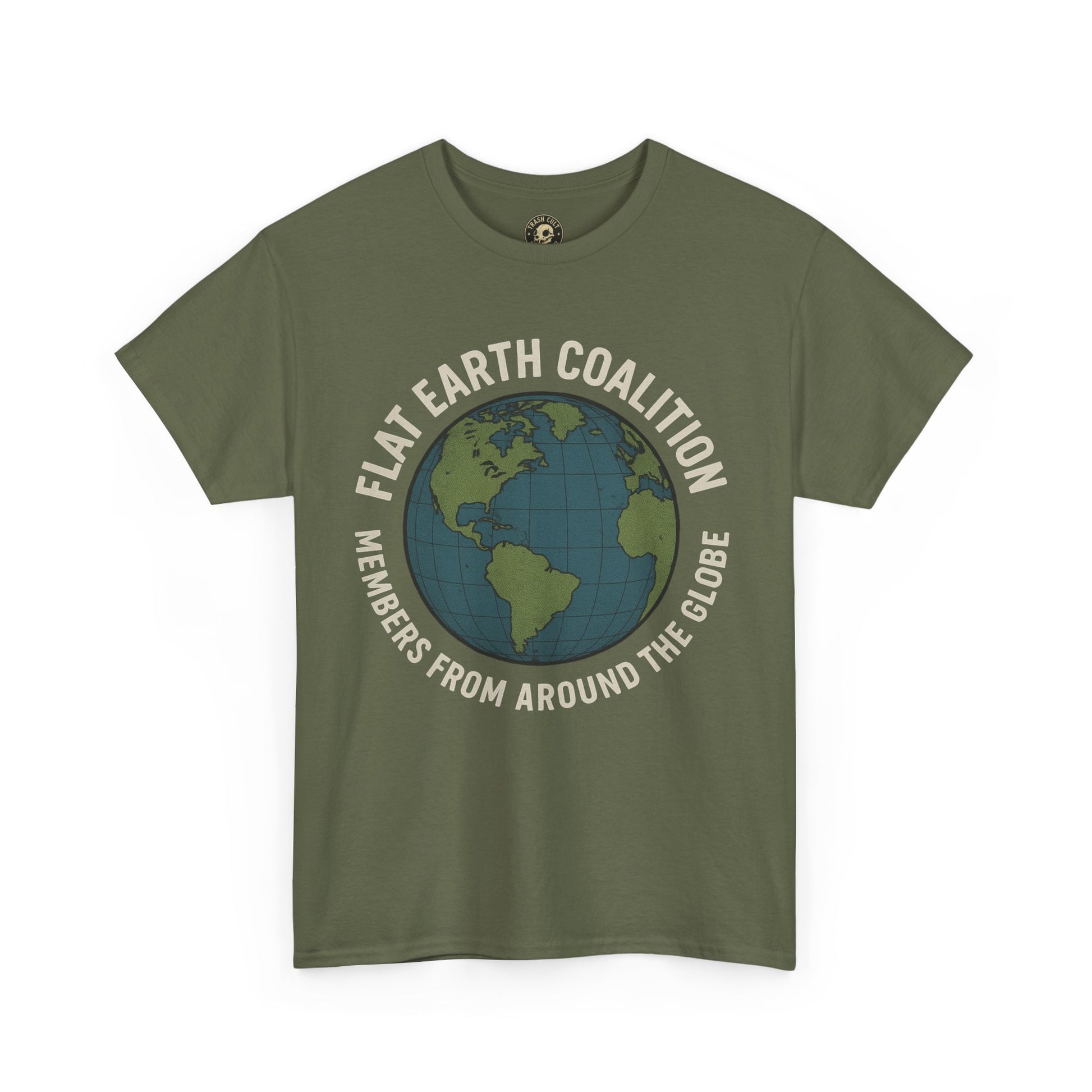 Flat Earth Coalition Funny Globe Parody Shirt – “Members From Around the Globe” Tee – Satirical Conspiracy Theory Humor Tee