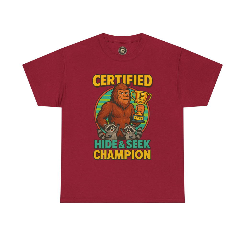Certified Hide & Seek Champion Bigfoot T-Shirt – Funny Cryptid Shirt – Raccoon Forest Meme Tee – Gildan 5000