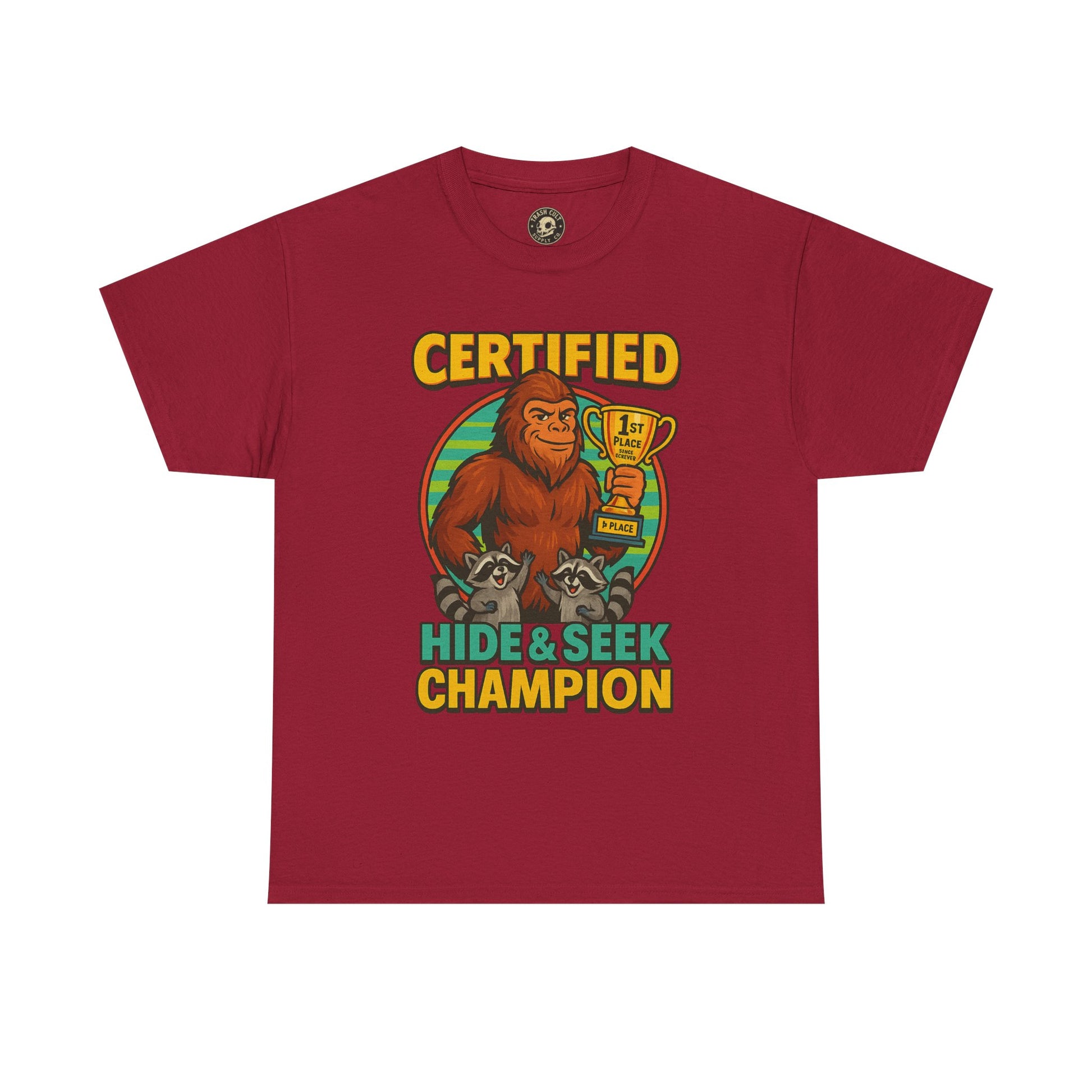 Certified Hide & Seek Champion Bigfoot T-Shirt – Funny Cryptid Shirt – Raccoon Forest Meme Tee – Gildan 5000