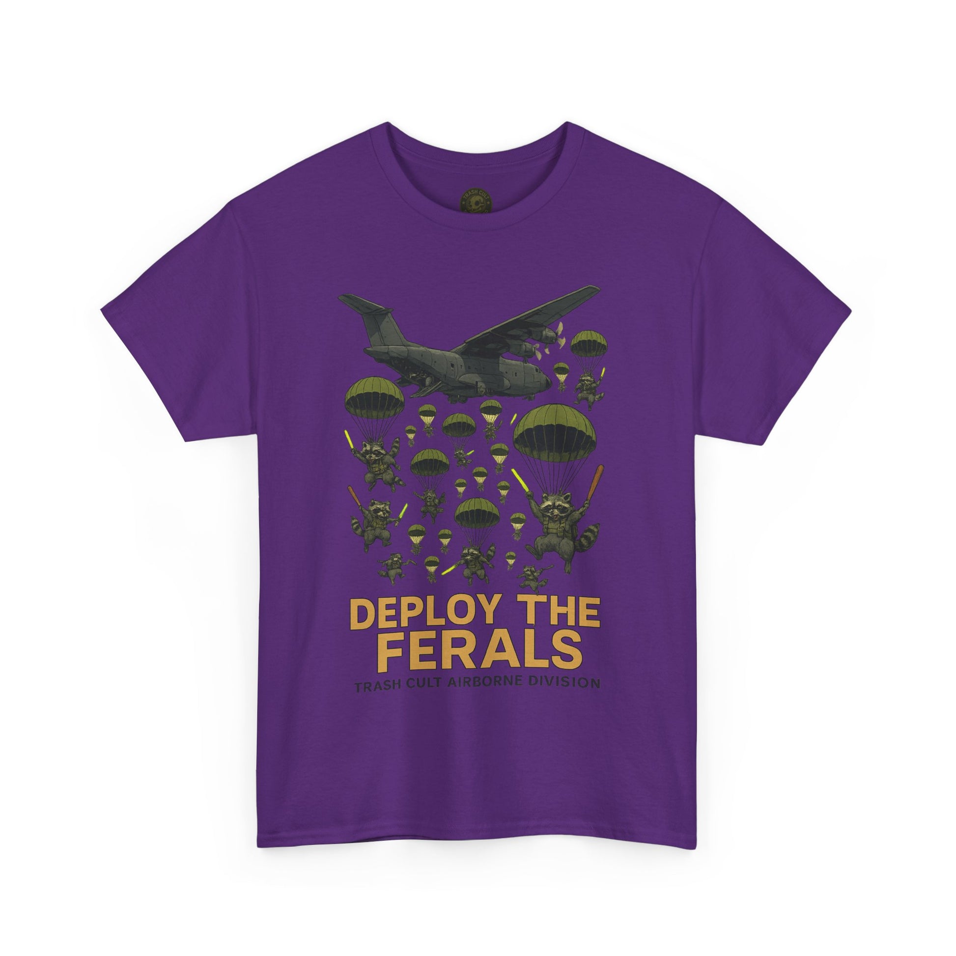 Deploy the Ferals T-Shirt – Airborne Raccoon Drop Graphic | Trash Cult Supply Co. | Gildan 5000 Heavy Cotton Tee