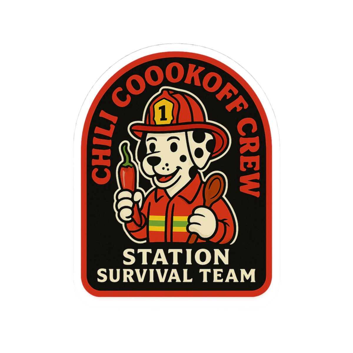 Chili Cookoff Crew – Station Survival Team Sticker – Funny Firefighter Vinyl Decal with Dalmatian Chef Design