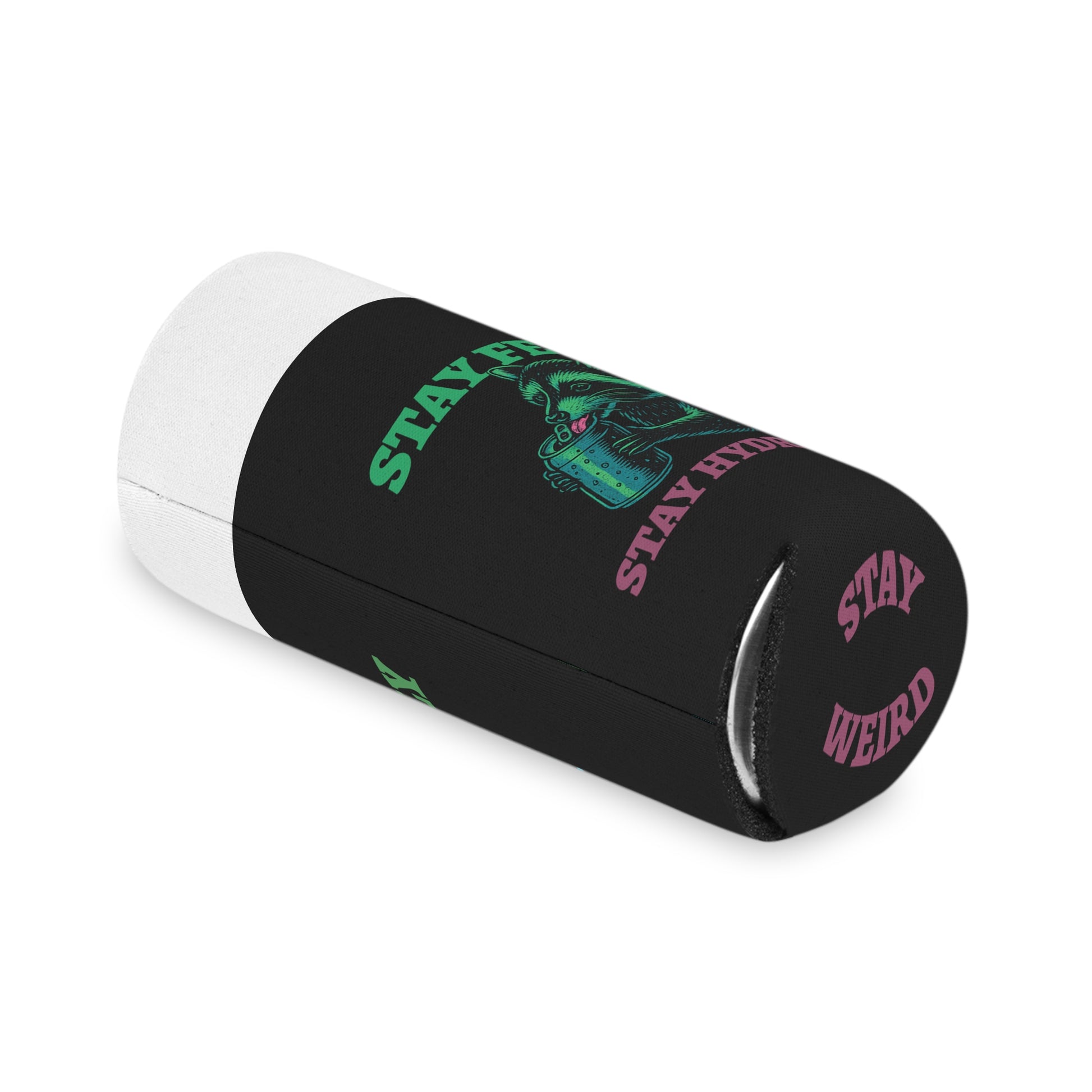 Stay Feral Stay Hydrated Can Cooler – Funny Raccoon Koozie, “Probably Not Water” + “Stay Weird” Slogan