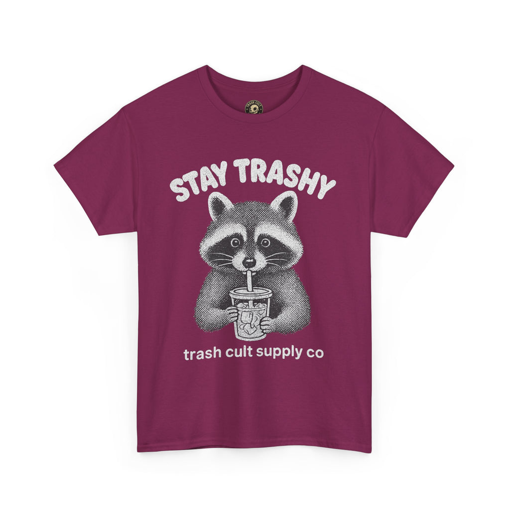 Stay Trashy Raccoon Iced Coffee Shirt – Halftone All White Design | Trash Cult Supply Co.