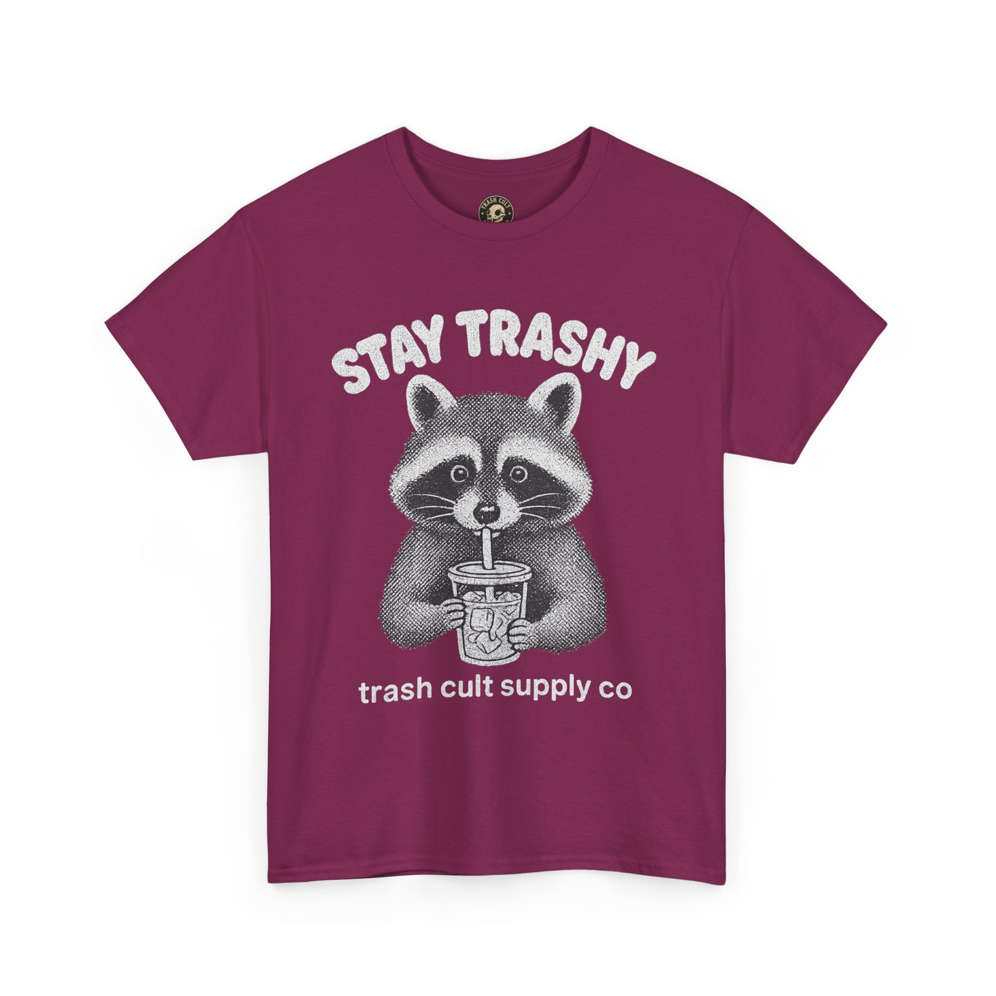 Stay Trashy Raccoon Iced Coffee Shirt – Halftone All White Design | Trash Cult Supply Co.