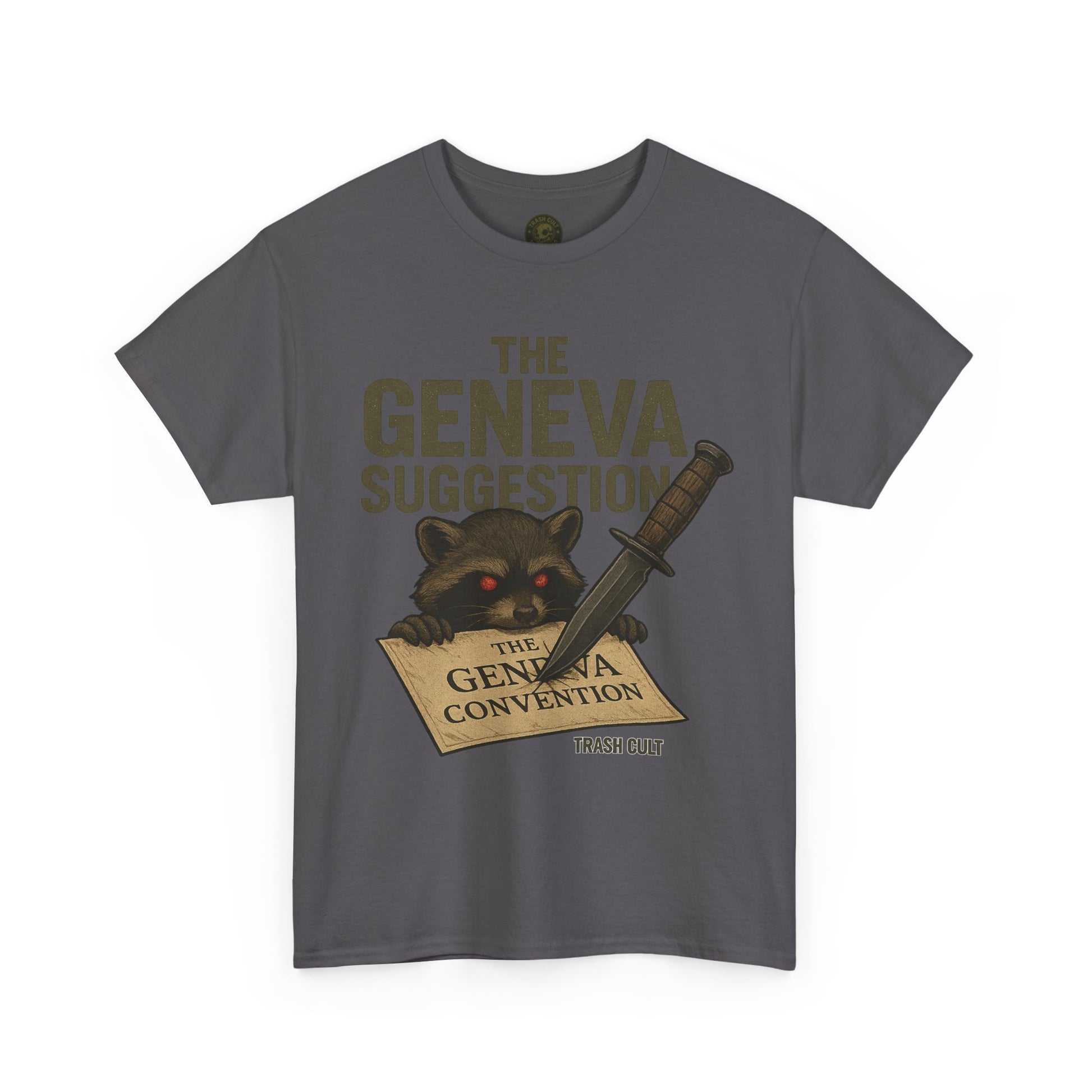 The Geneva Suggestion T-Shirt – Tactical Raccoon Dark Humor Tee | Trash Cult Supply Co. | Gildan 5000