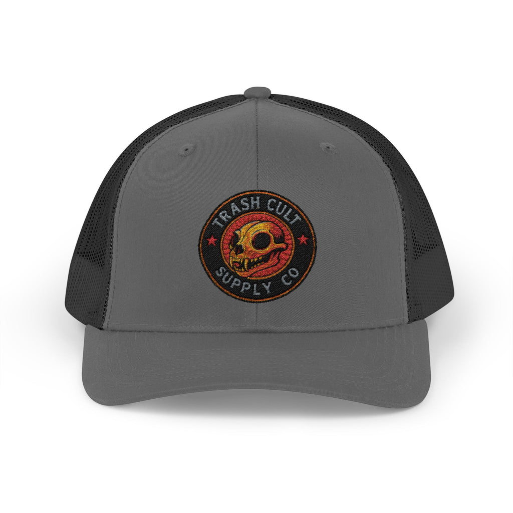 Gray and black trucker hat with a logo on a white background