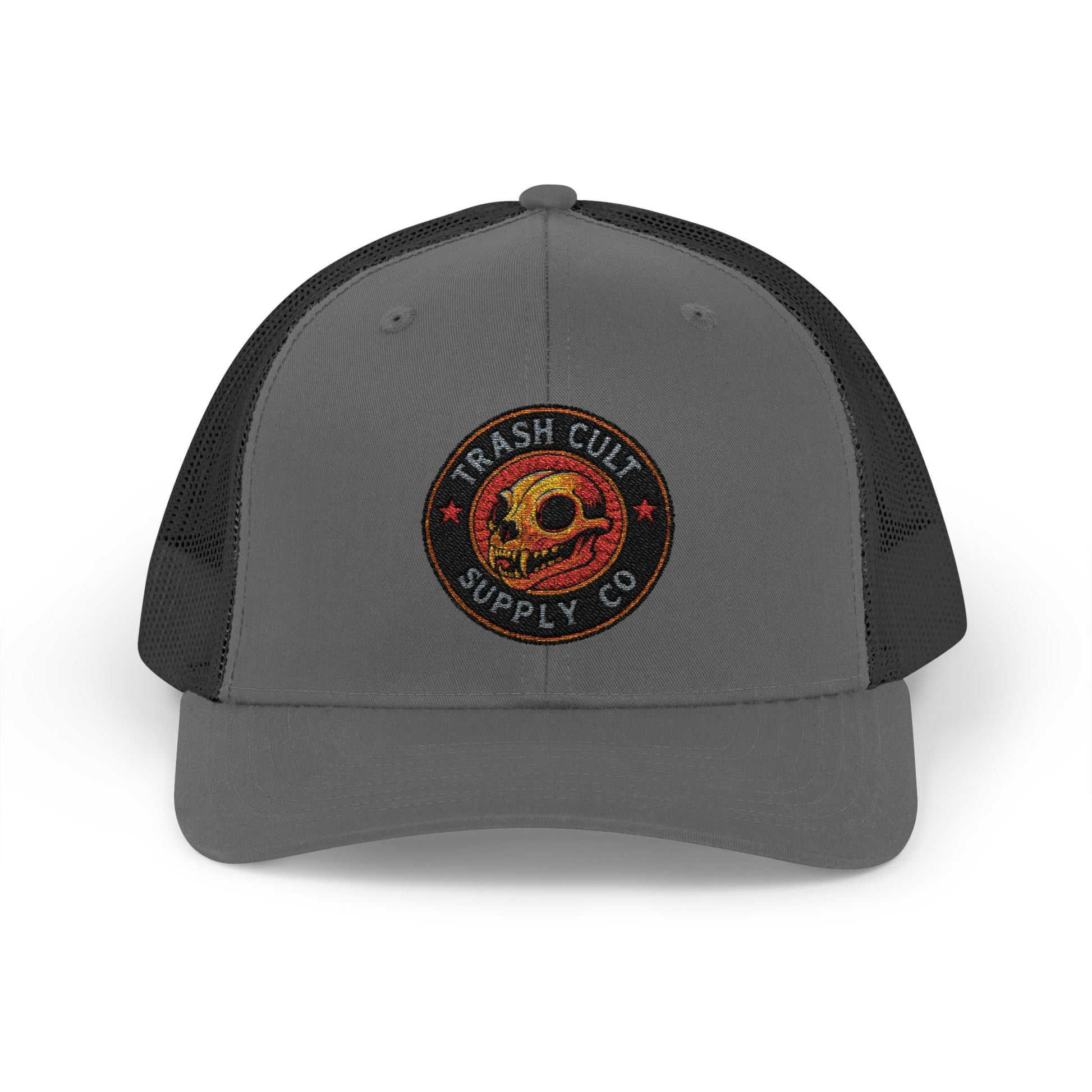 Gray and black trucker hat with a logo on a white background