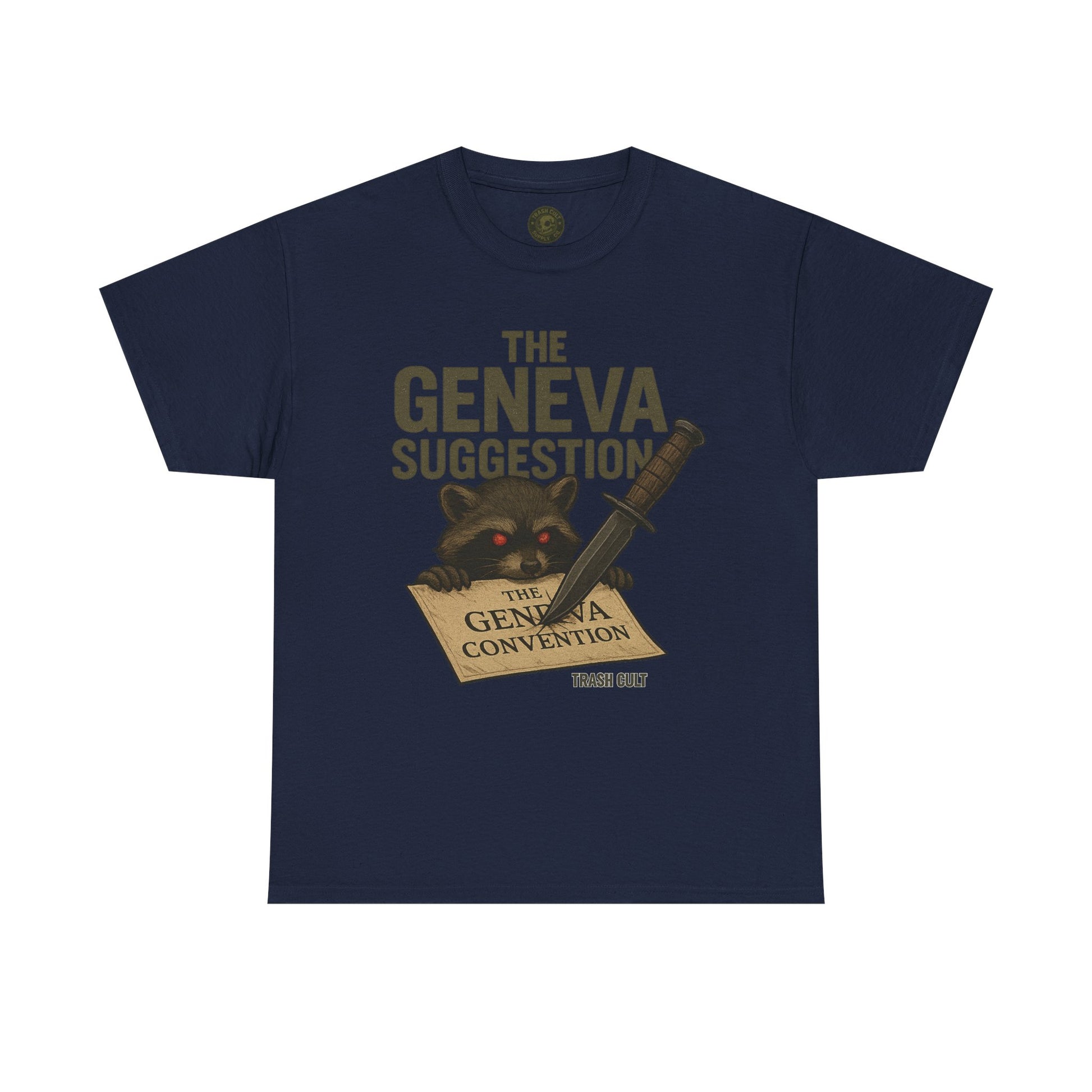 The Geneva Suggestion T-Shirt – Tactical Raccoon Dark Humor Tee | Trash Cult Supply Co. | Gildan 5000