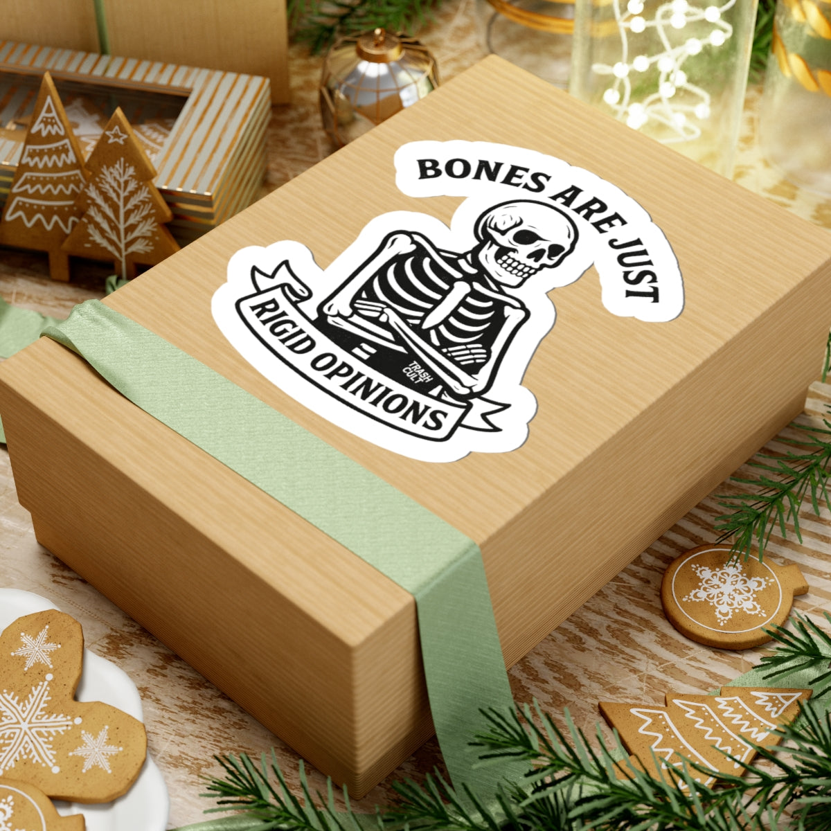 “Bones Are Just Rigid Opinions” Skeleton Sticker – Trash Cult Feral Philosophy