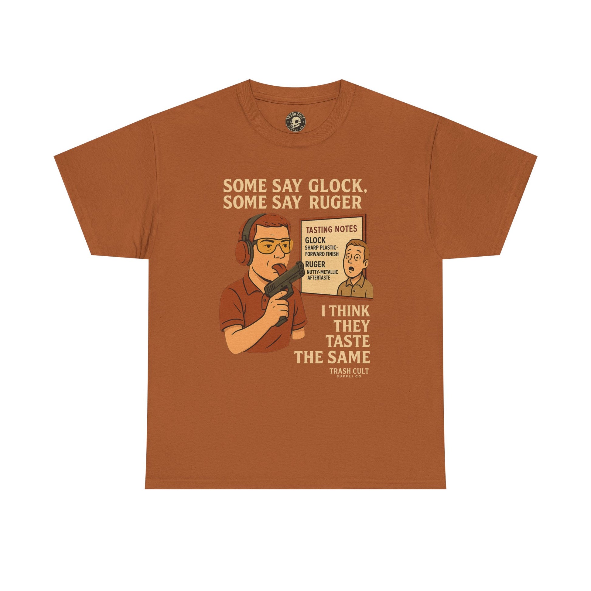 Glock vs Ruger Mouthfeel Shirt – Funny Gun Show Parody Tee | Dark Humor Firearm Tasting Notes Shirt