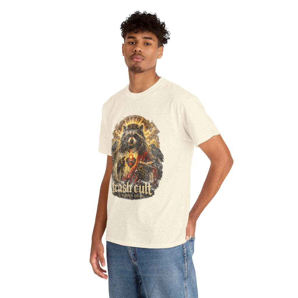 Raccoon Saint Graphic Tee — “Trash Cult” Vintage Devotional Design