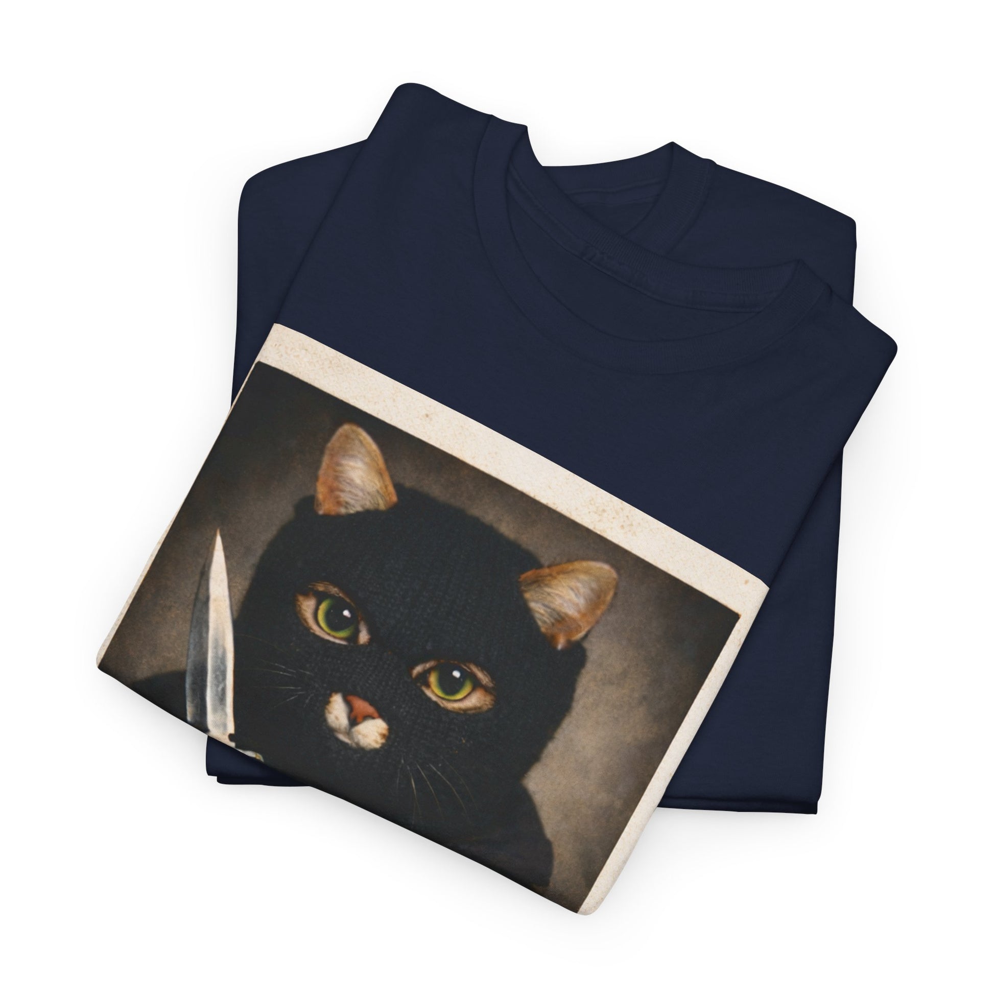 Cat With Knife Tee — "Mittens" Dark Humor Vintage Polaroid Graphic T-Shirt