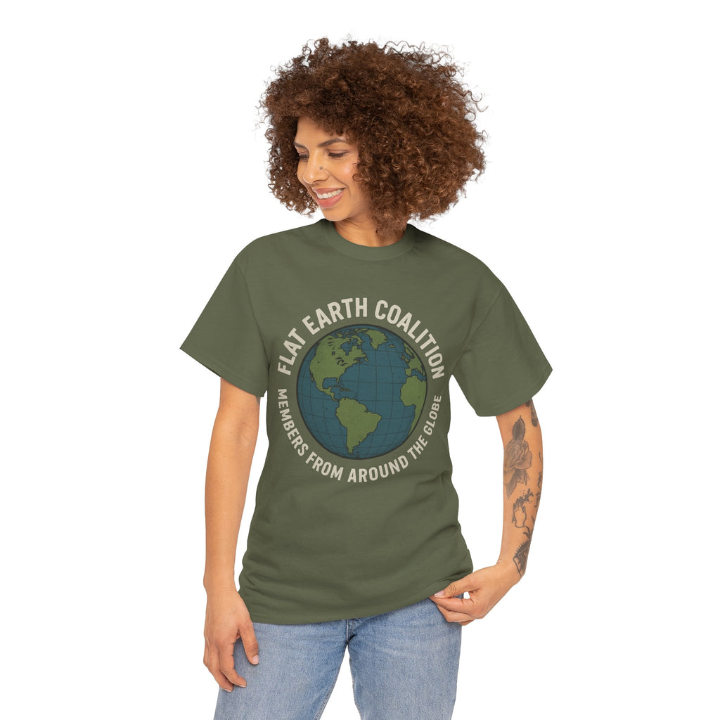 Flat Earth Coalition Funny Globe Parody Shirt – “Members From Around the Globe” Tee – Satirical Conspiracy Theory Humor Tee