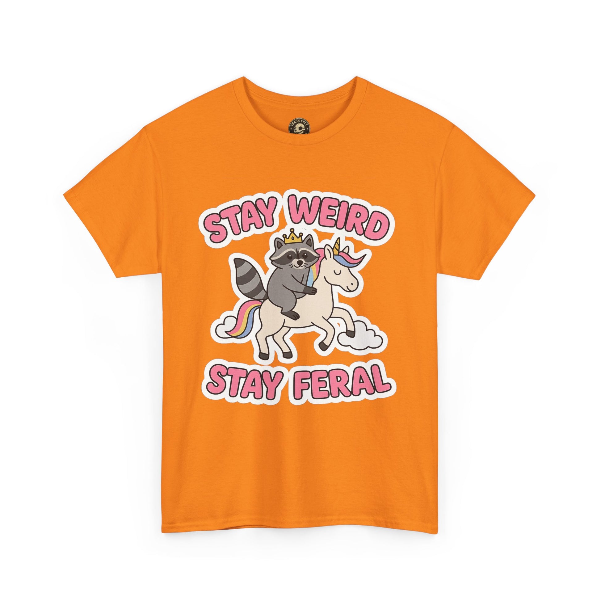 Stay Weird Stay Feral Shirt – Raccoon & Unicorn – High Visibility Gildan 5000 Tee