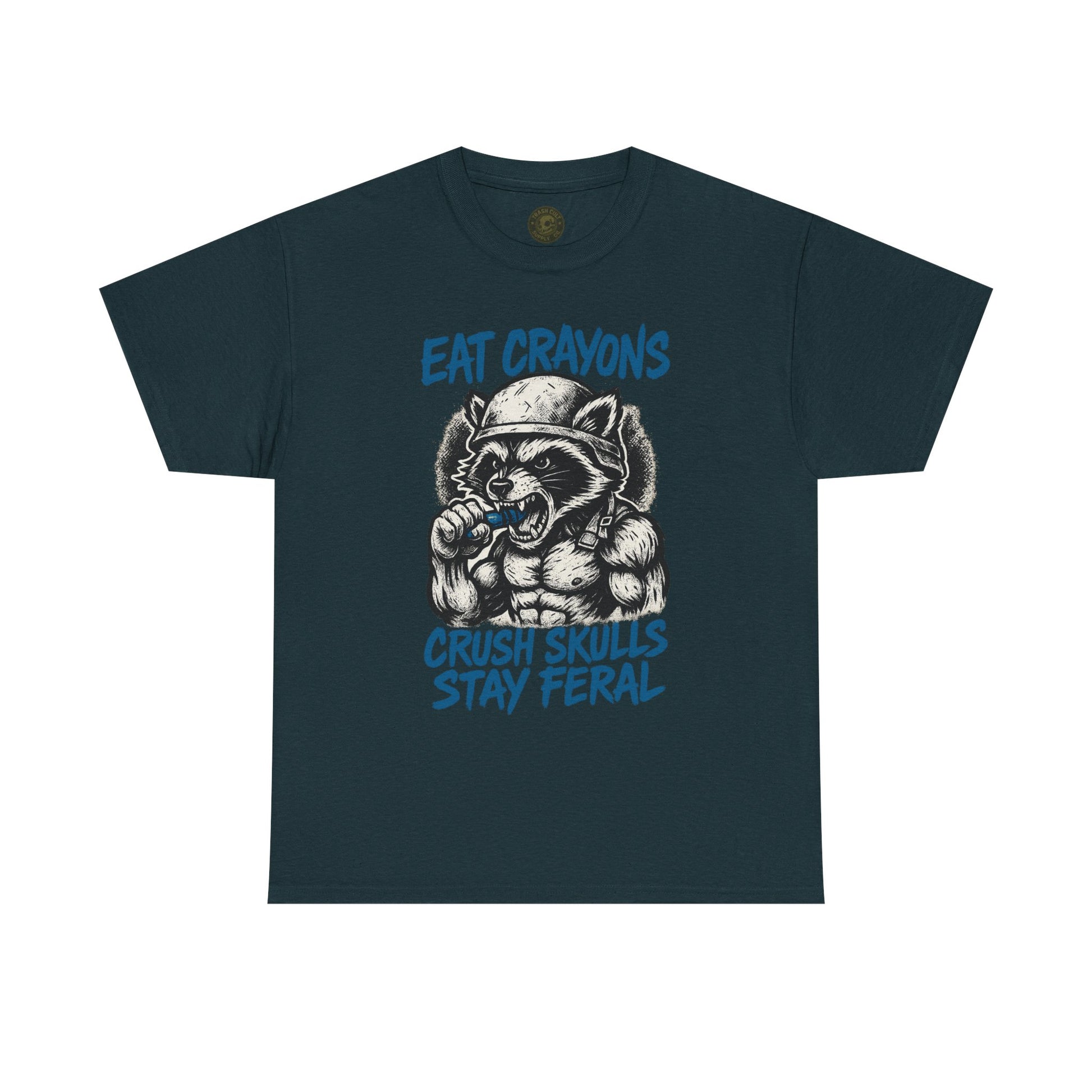 Eat Crayons Crush Skulls Stay Feral Military Raccoon Shirt – Gildan 5000