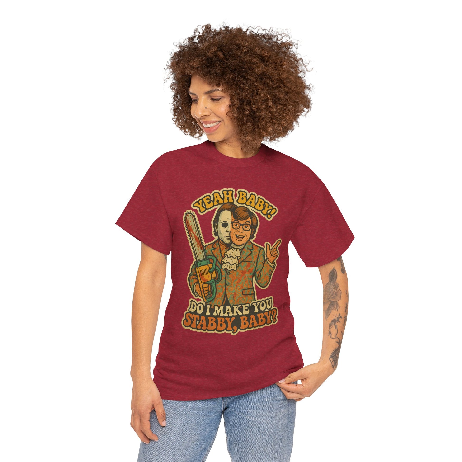 Mike Myers Parody Shirt – “Do I Make You Stabby, Baby?” Funny Horror Mashup Tee – Gildan 5000 Unisex