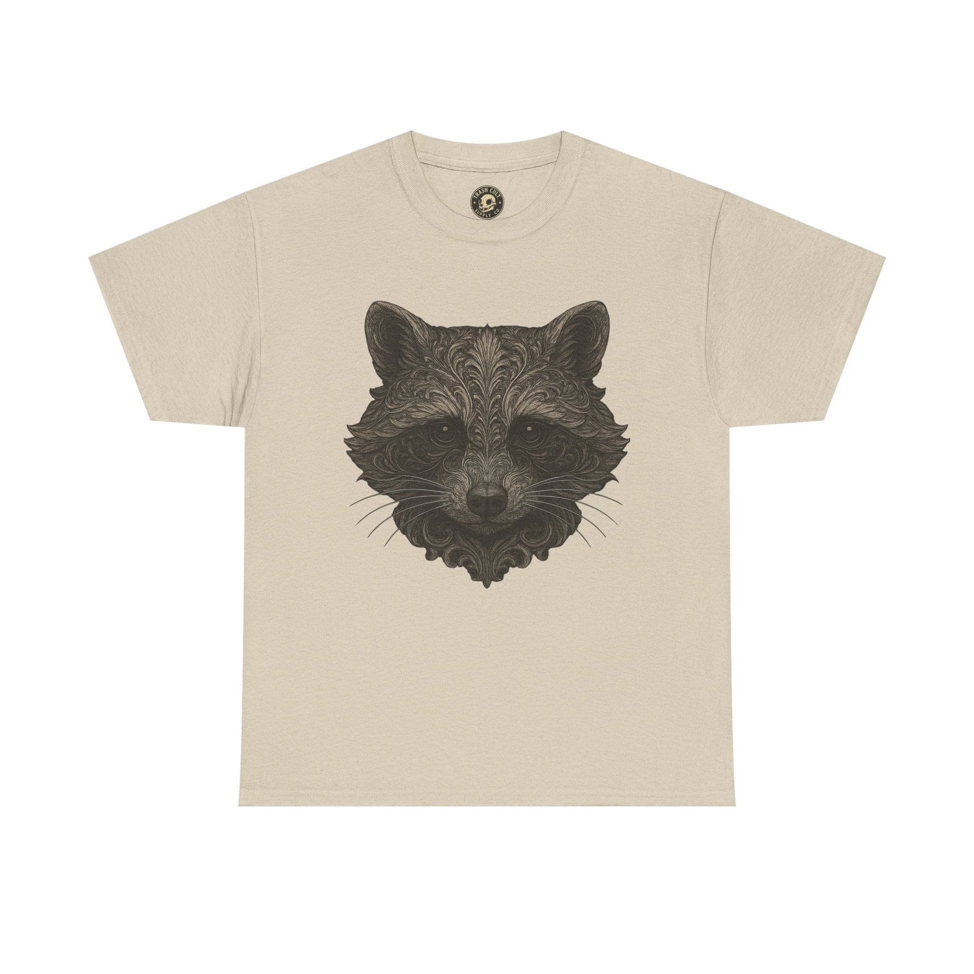 Ornate Raccoon Face Shirt – Intricate Woodland Animal Art Tee – Tattoo-Inspired Forest Aesthetic – Trash Cult Supply Co.
