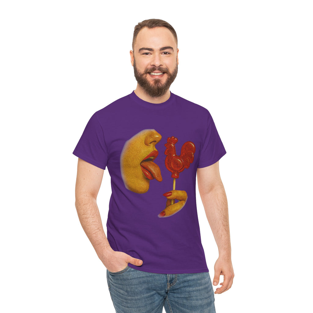 Bold Retro Halftone Tease – Red Rooster Lollipop Graphic Tee