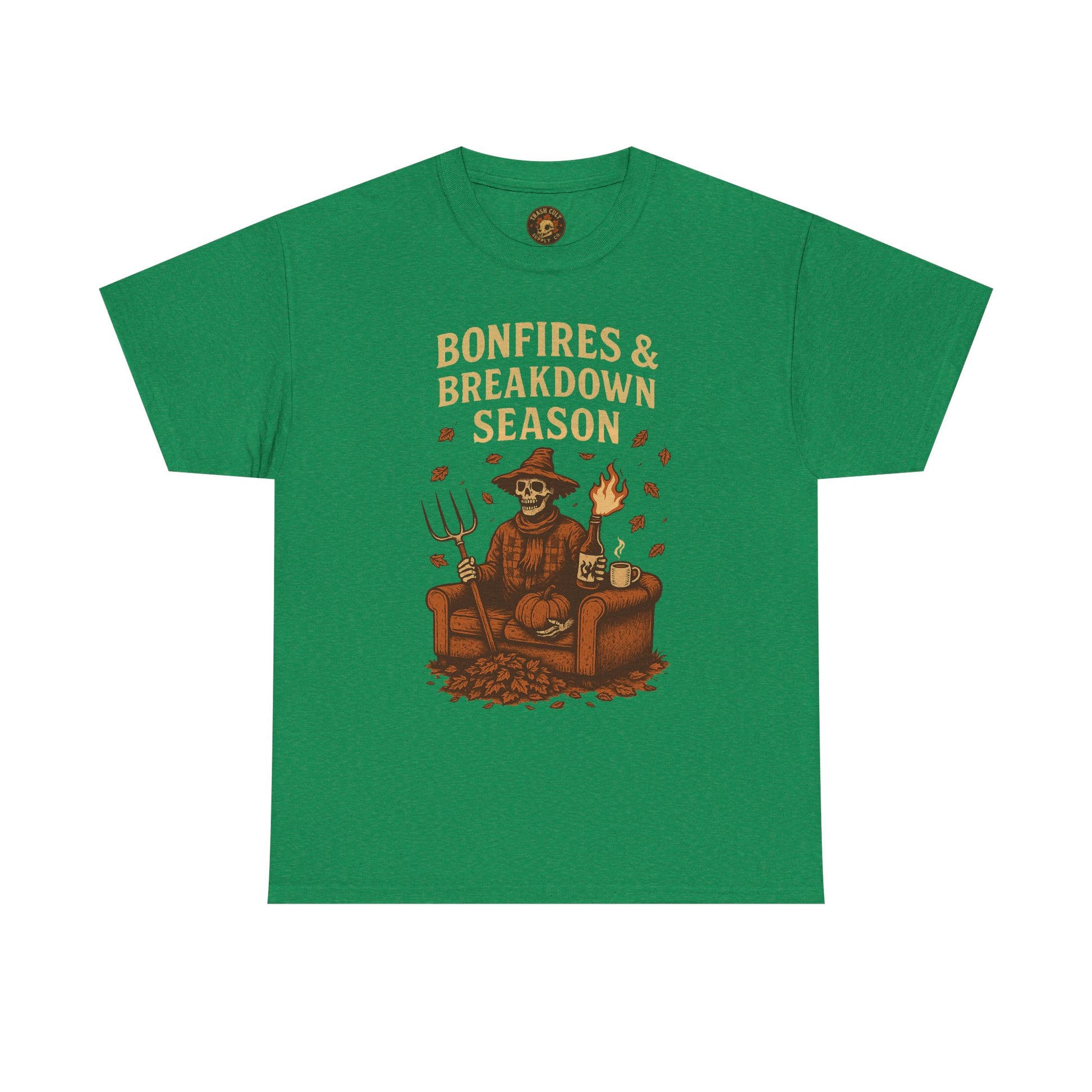 Bonfires & Breakdown Season Shirt – Skeleton Couch Chaos Tee – Fall of Humanity Collection – Trash Cult Supply Co.