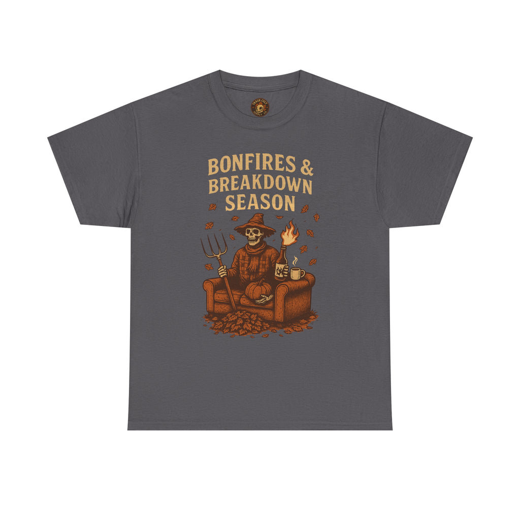Bonfires & Breakdown Season Shirt – Skeleton Couch Chaos Tee – Fall of Humanity Collection – Trash Cult Supply Co.