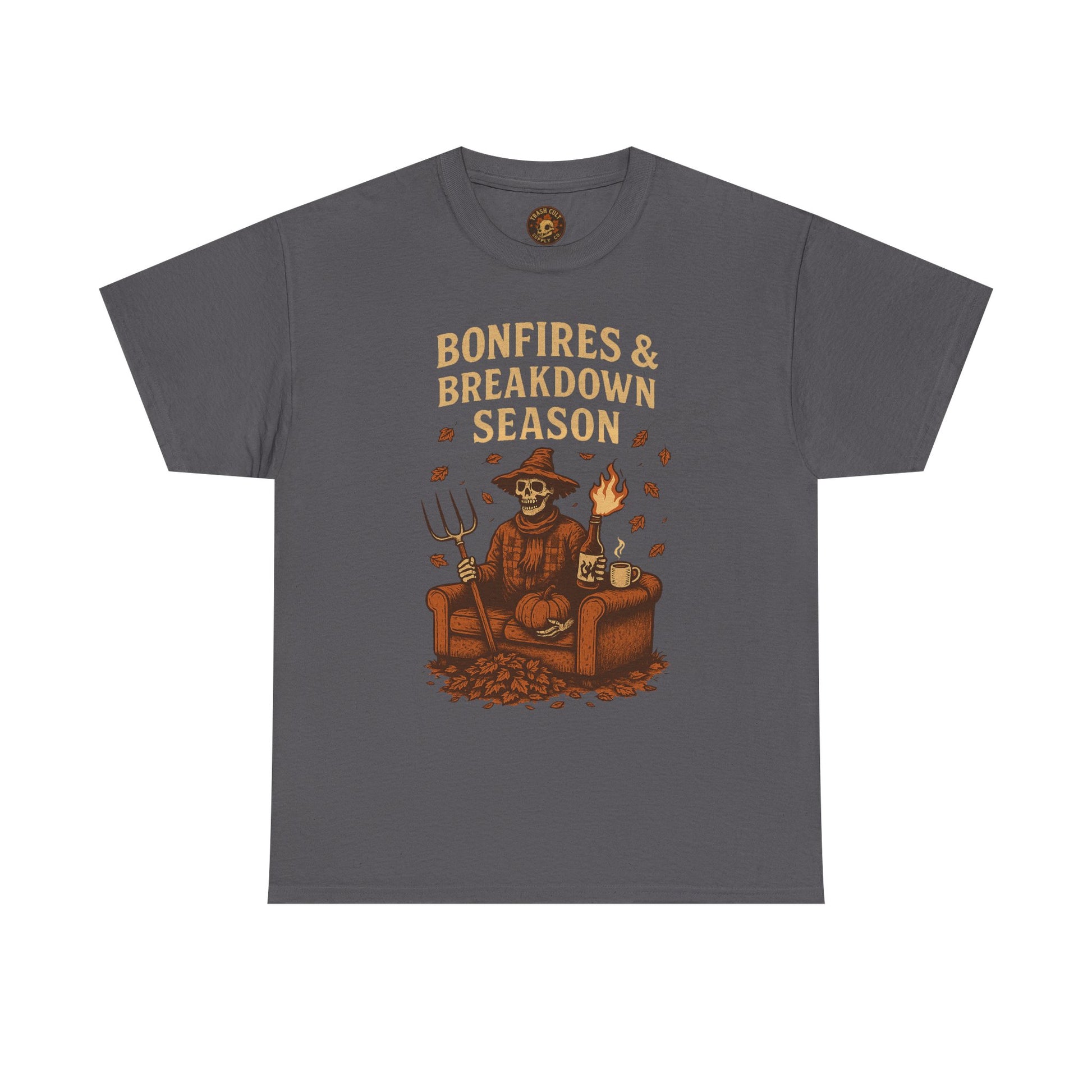Bonfires & Breakdown Season Shirt – Skeleton Couch Chaos Tee – Fall of Humanity Collection – Trash Cult Supply Co.