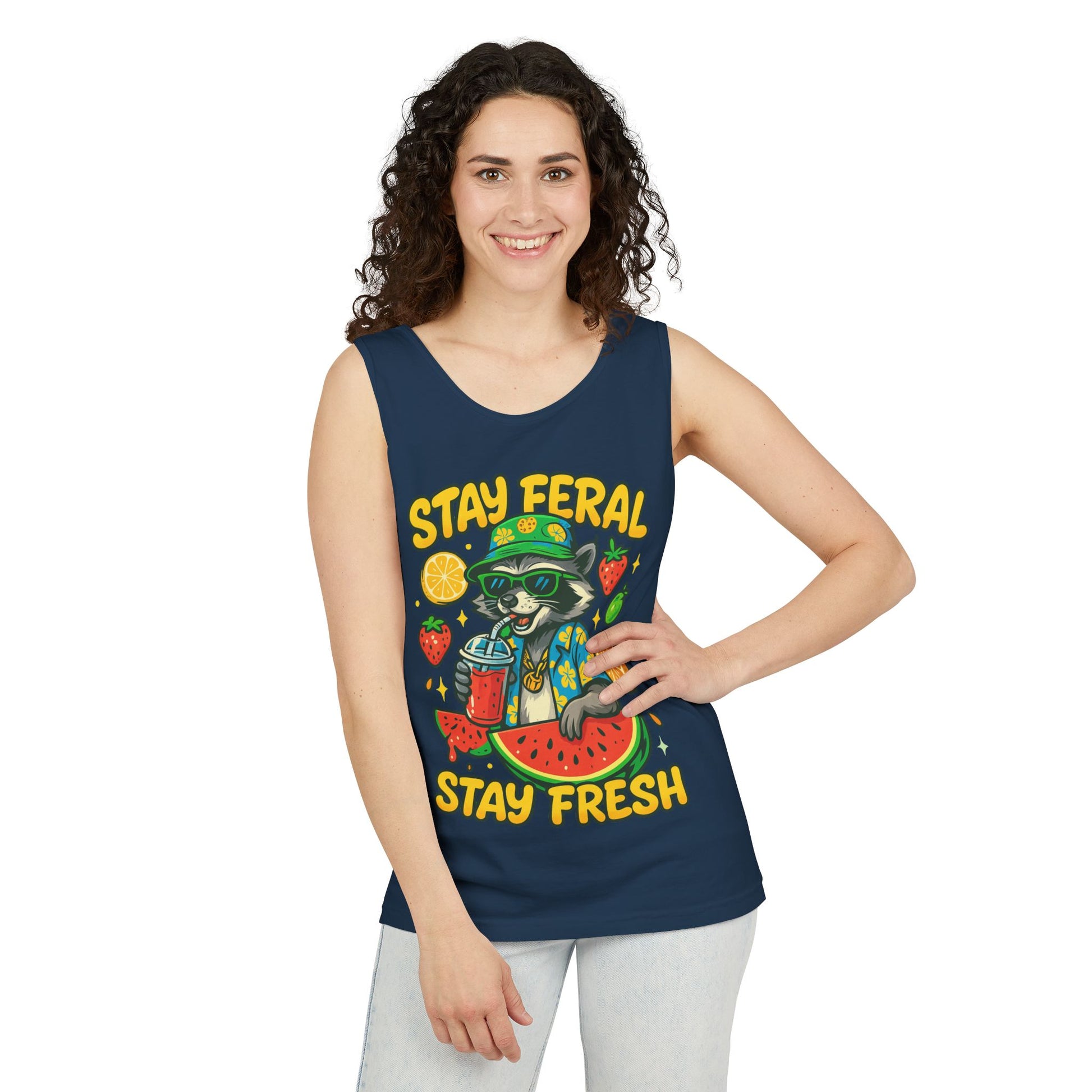 Stay Feral Stay Fresh Tank Top, Summer Apparel, Unisex Graphic Tee, Beachwear, Fun Gift for Animal Lovers
