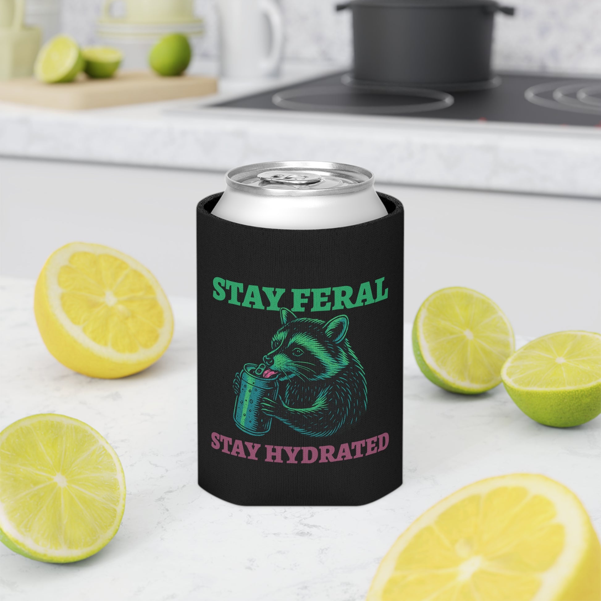 Stay Feral Stay Hydrated Can Cooler – Funny Raccoon Koozie, “Probably Not Water” + “Stay Weird” Slogan