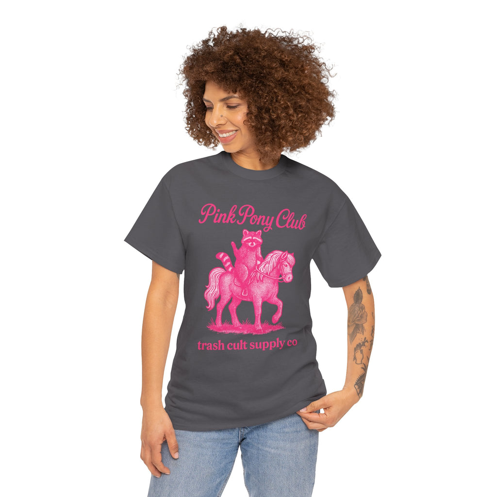 Pink Pony Club Raccoon Riding Pony Shirt – Vintage Hot Pink Halftone Tee by Trash Cult Supply Co