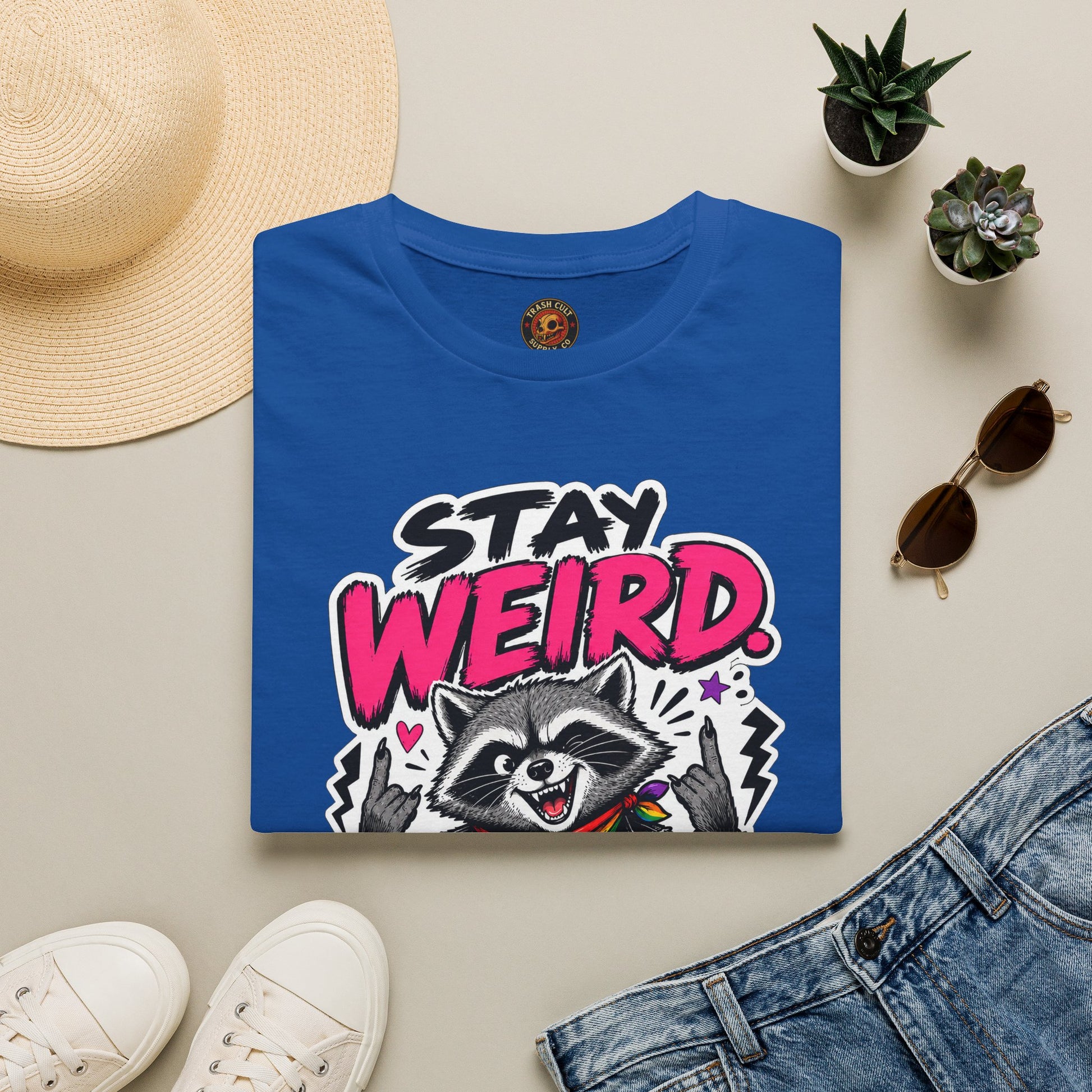T-Shirt — "Stay Weird" Pride Raccoon Tee (Stay Queer)