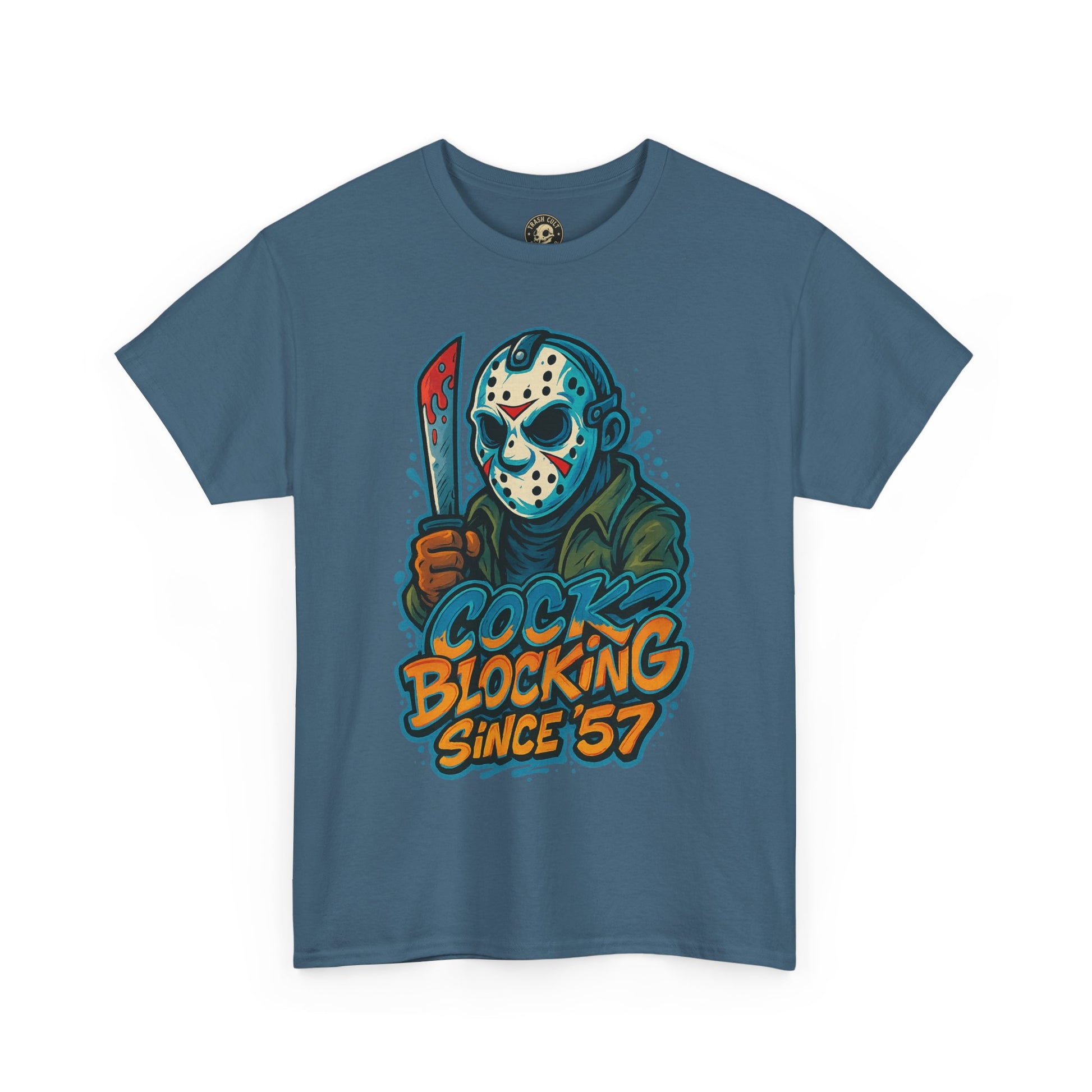 Jason Voorhees “Cock Blocking Since ’57” Funny Horror T-Shirt – Gildan 5000 | Slasher Meme Graphic Tee