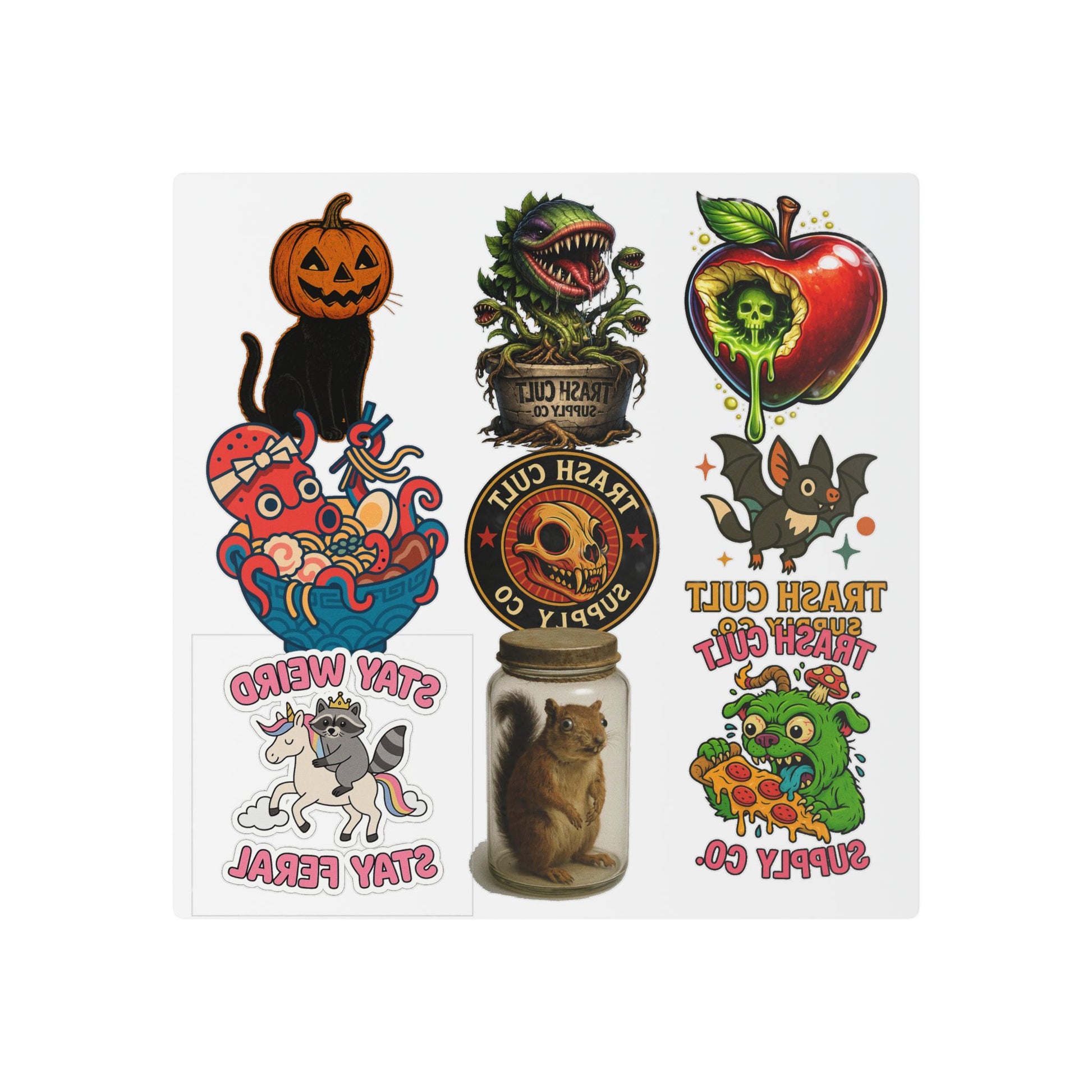 Halloween Horror Temporary Tattoo Sheet — Vintage Cute Creepy Monster Designs (Pumpkin Cat, Venom Apple, Jar Critter)