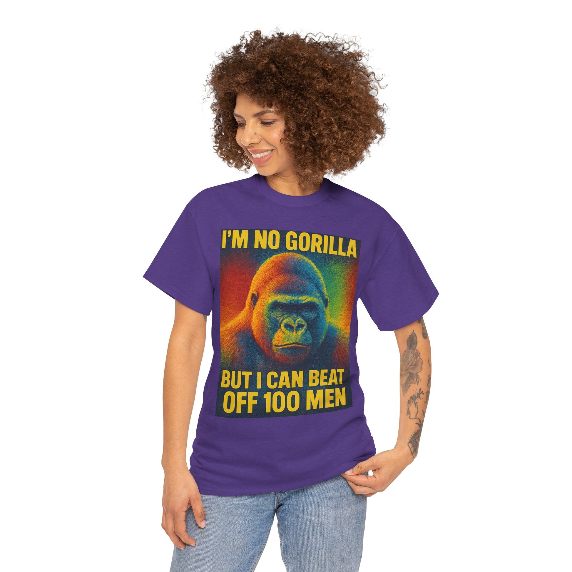 I’m No Gorilla But I Can Beat Off 100 Men Shirt – Multicolor Halftone Gorilla Tee on Gildan 5000