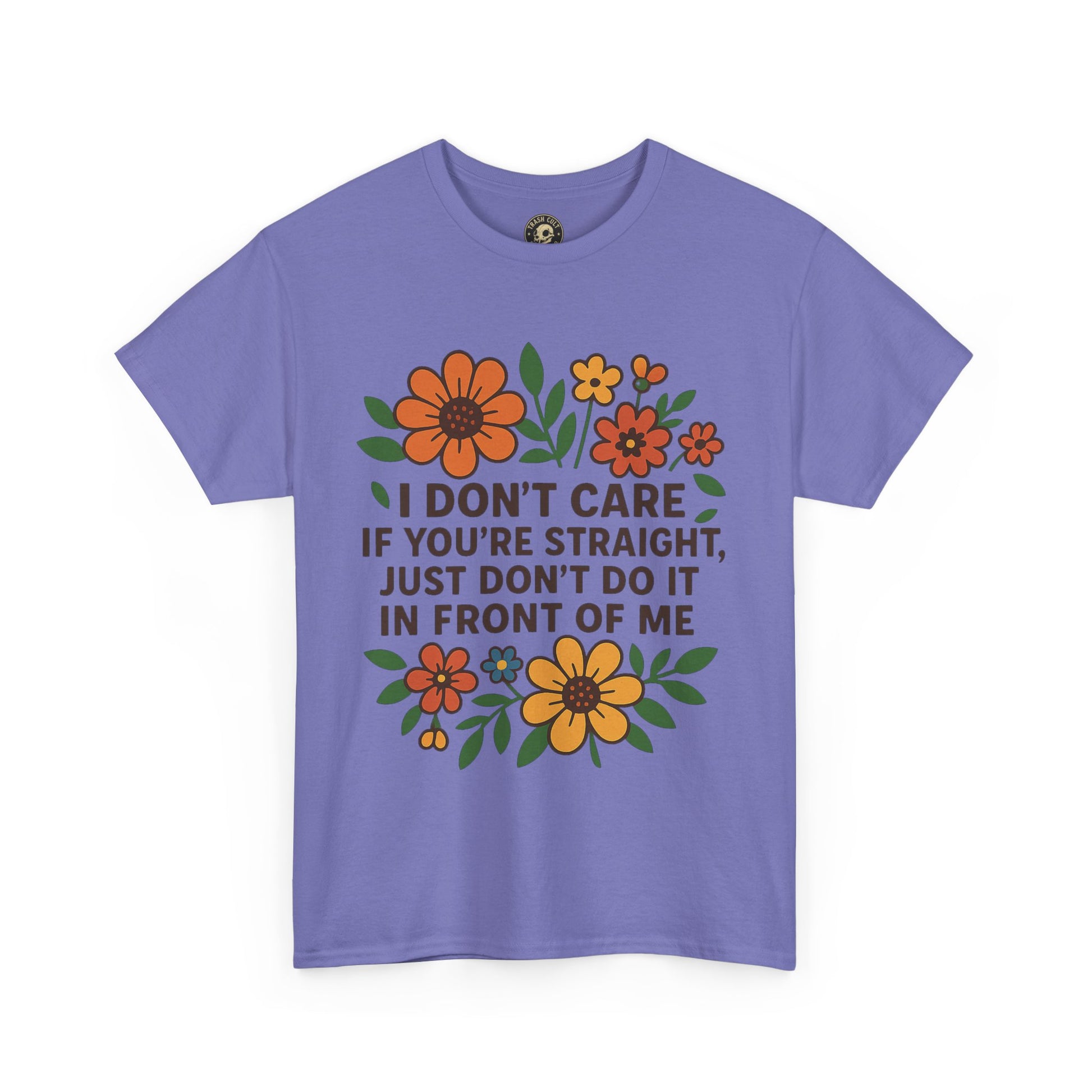 “I Don’t Care If You’re Straight” Funny Floral Shirt – LGBTQ+ Ally Tee – Bold Statement Graphic – Gildan 5000