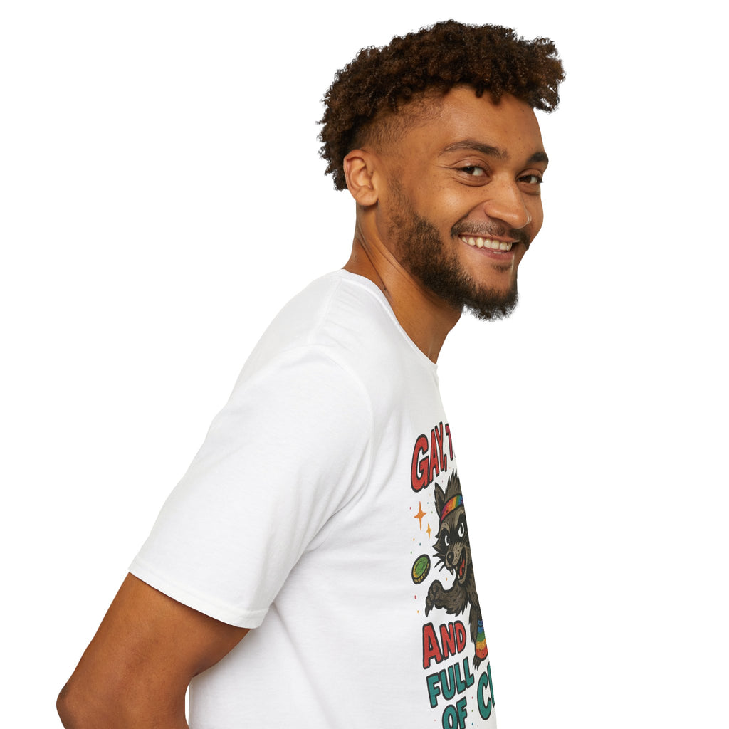 Gay, Tired, and Full of Crimes Raccoon Pride T-Shirt – Gildan Softstyle Unisex Tee